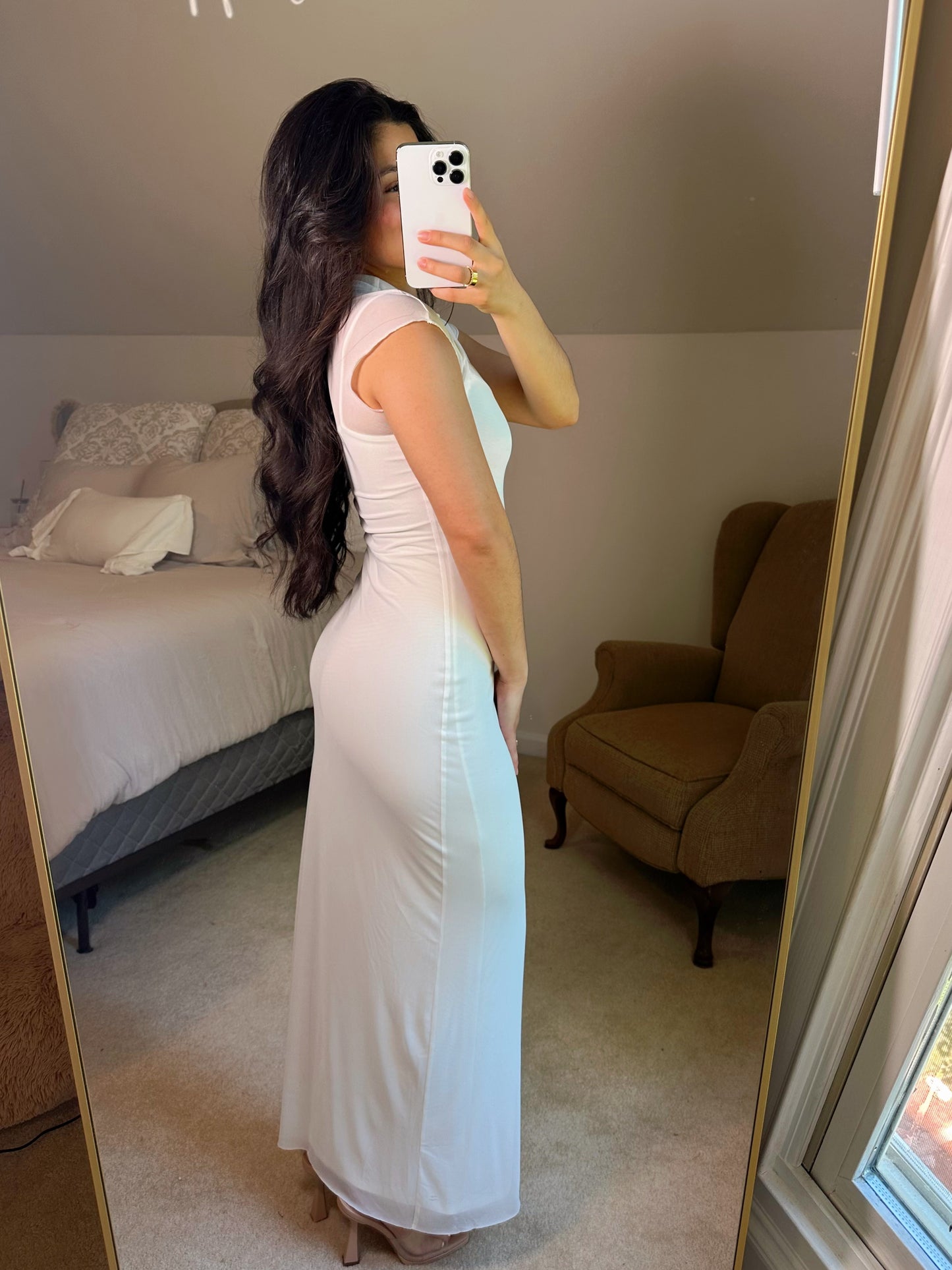 White Mockneck Mesh Maxi Dress