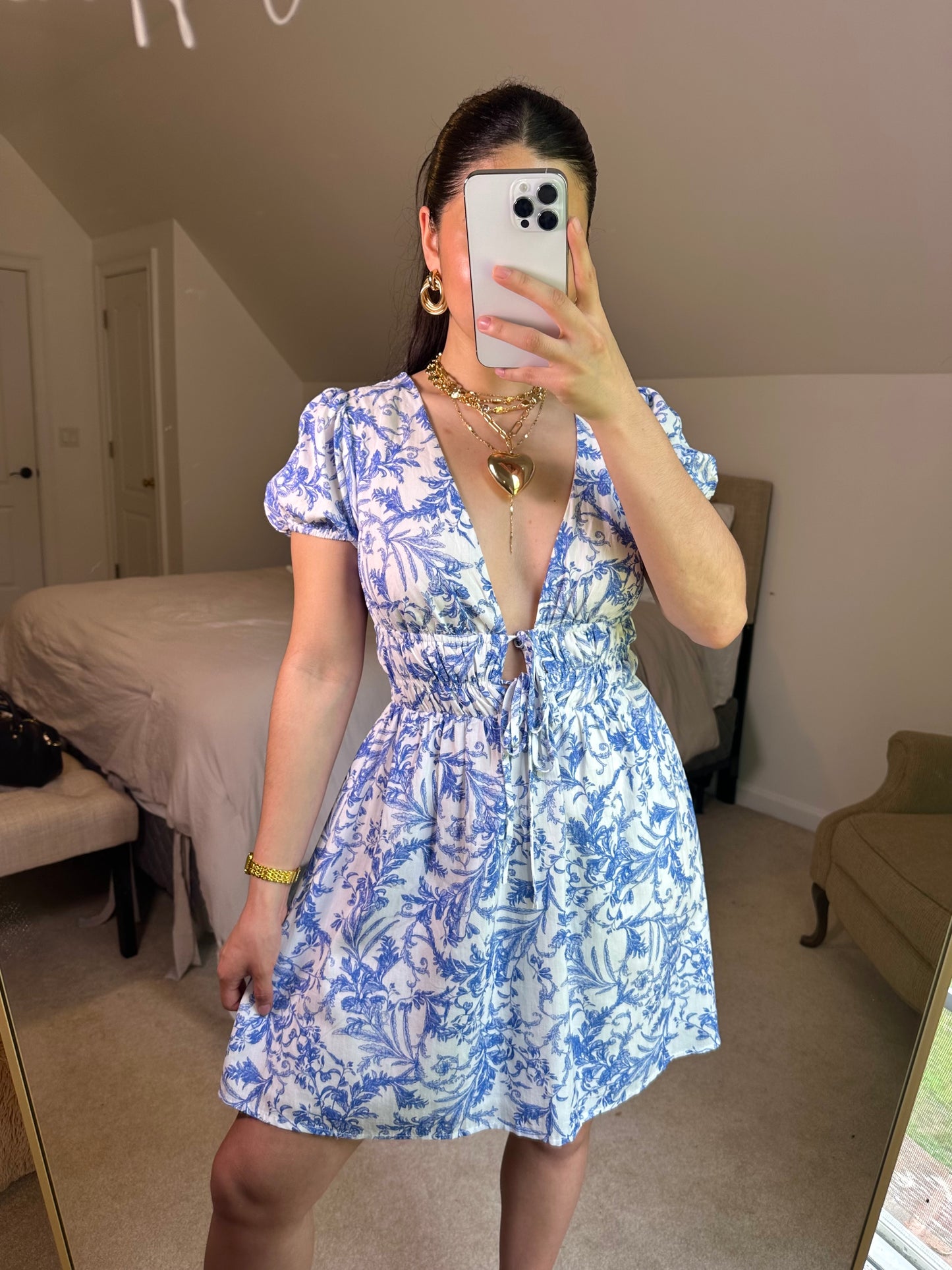 Blue Vines Plunge Neckline Mini Dress