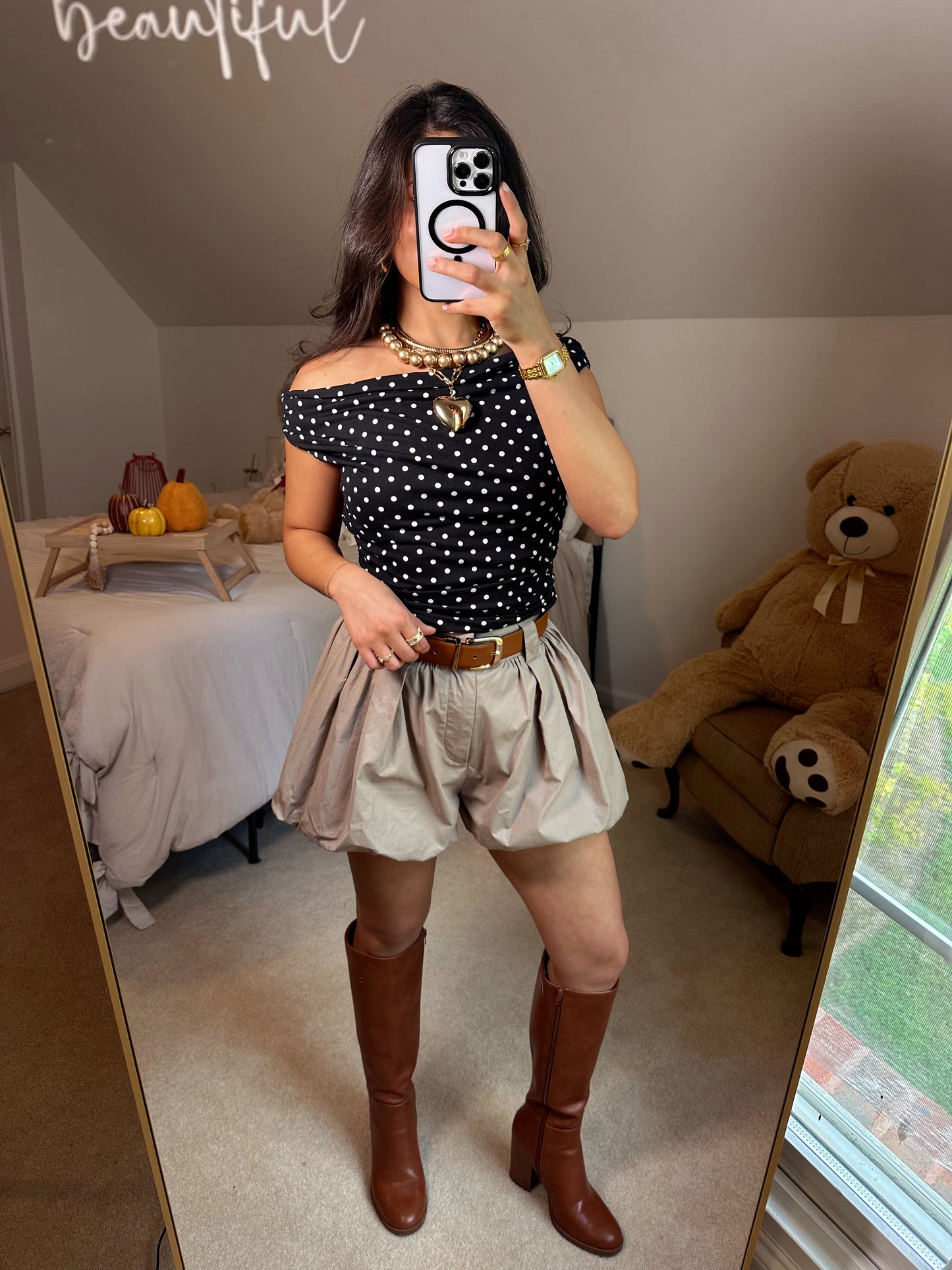 Black White Polka Dot Off-Shoulder Top