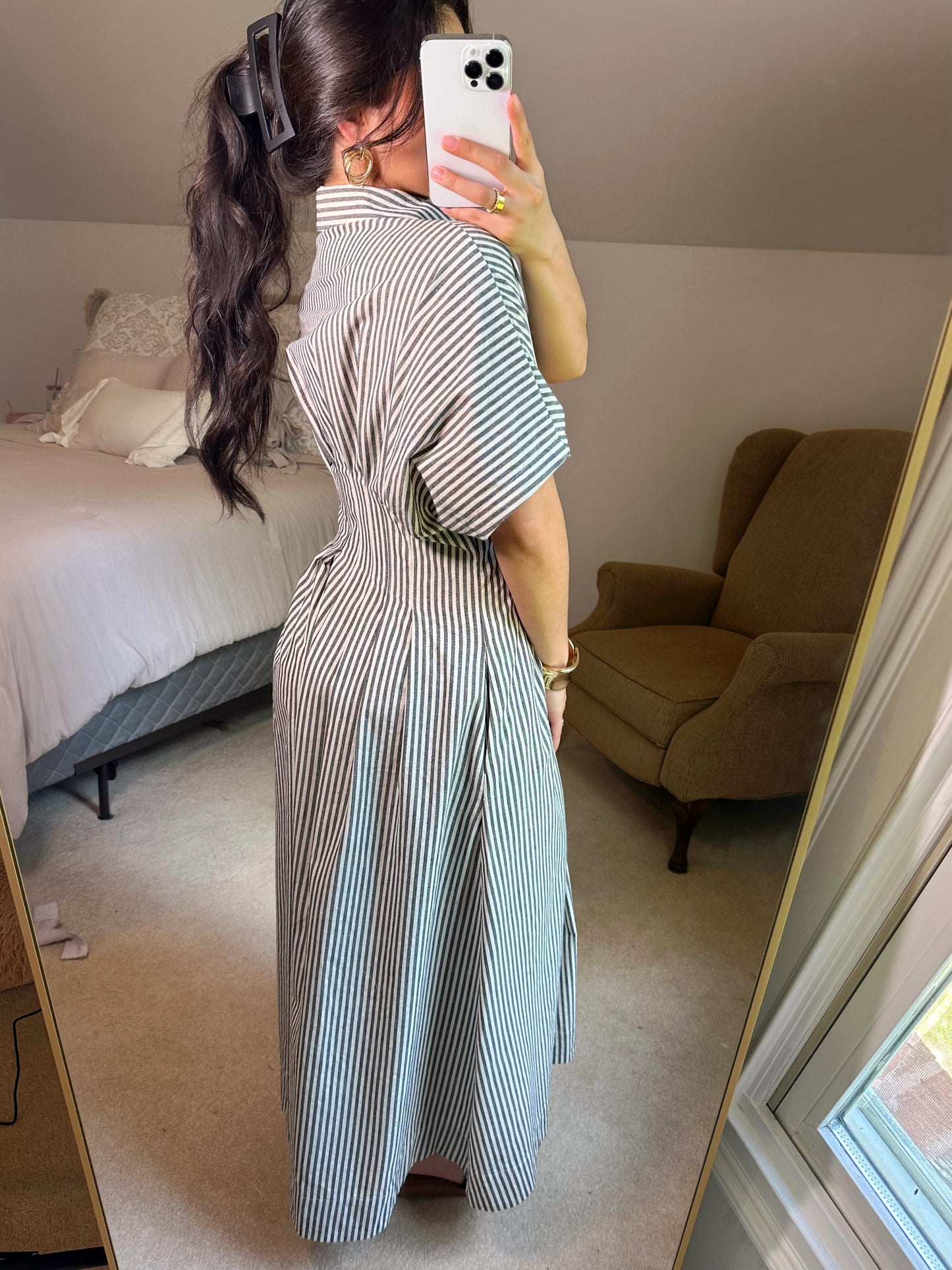 Black & White Striped Pleated Maxi Button Up Dress