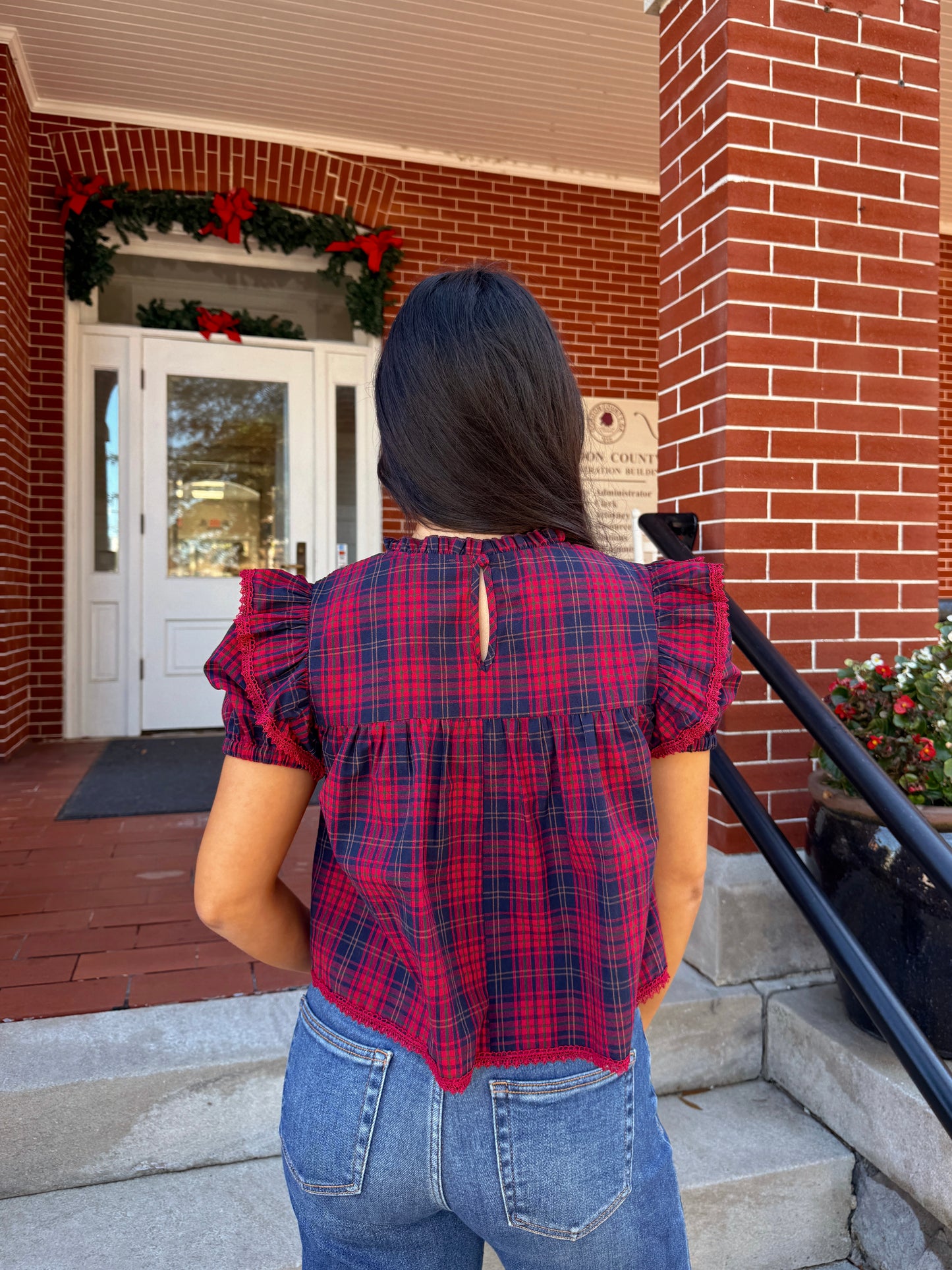 Red & Navy Plaid Top