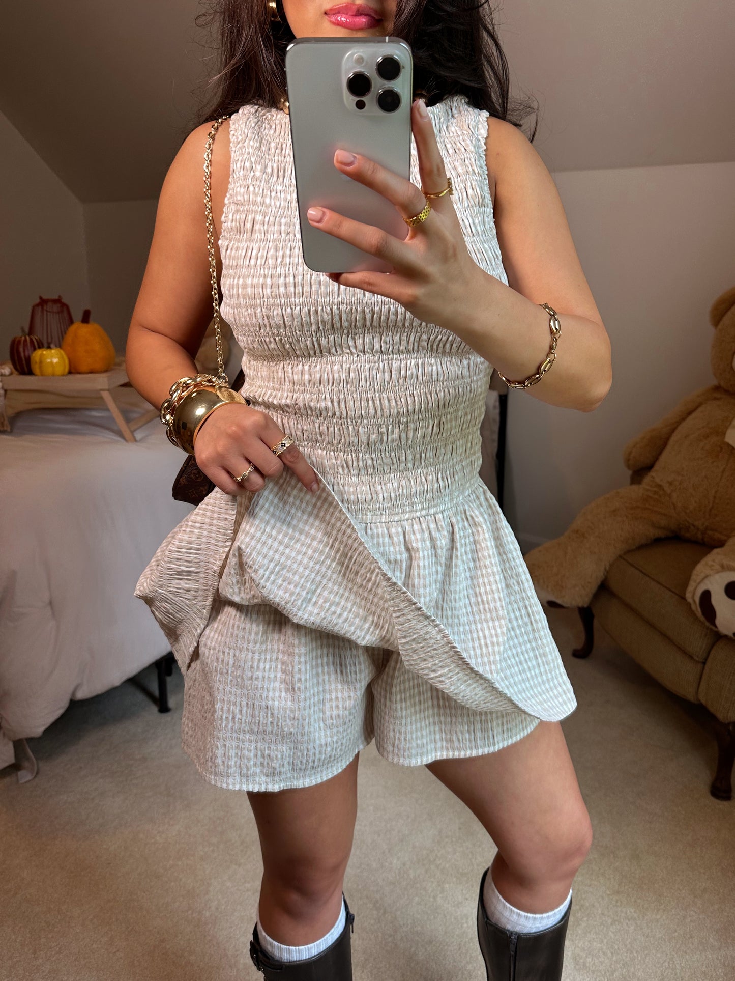 Taupe & White Gingham Romper