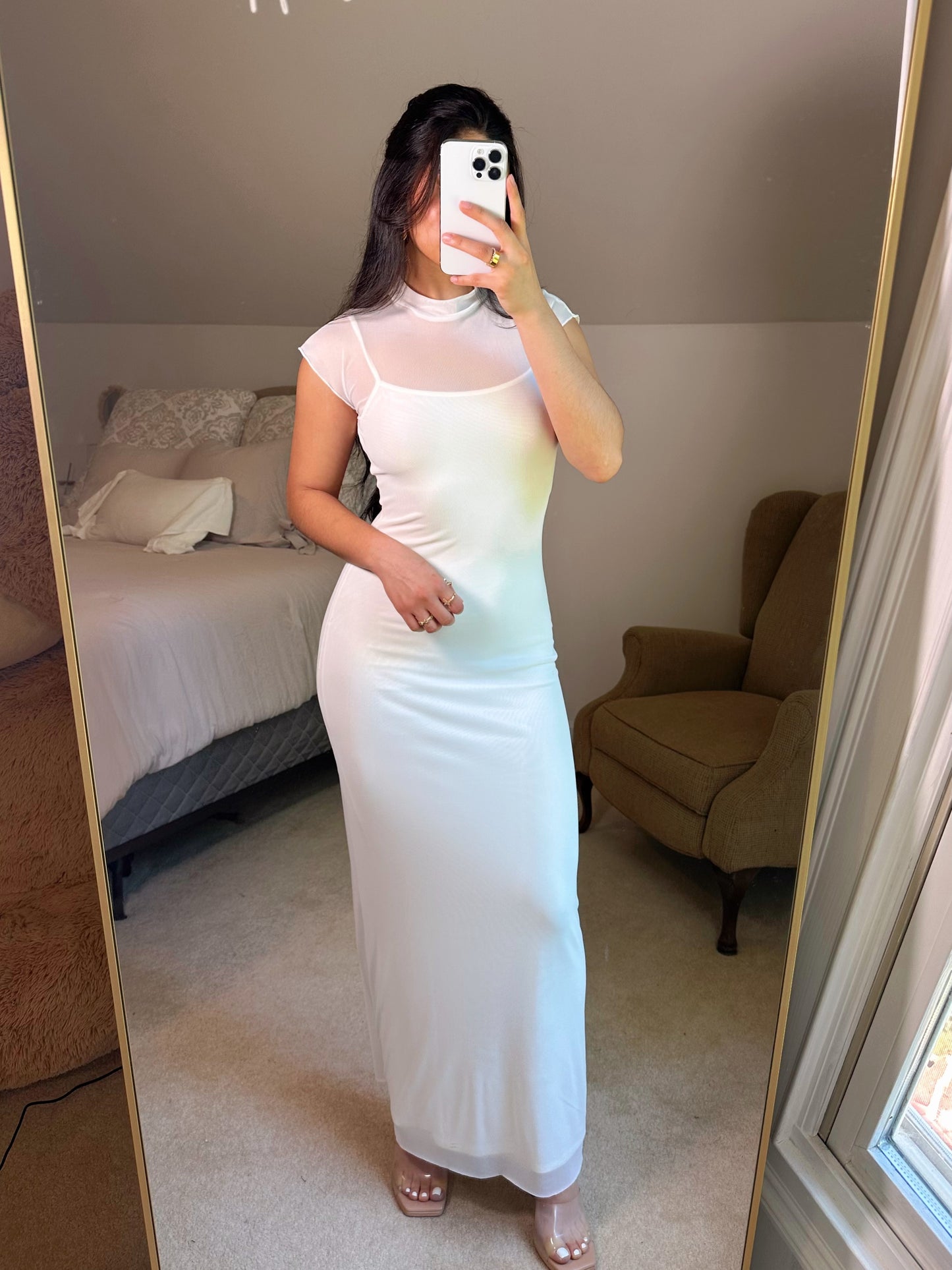 White Mockneck Mesh Maxi Dress