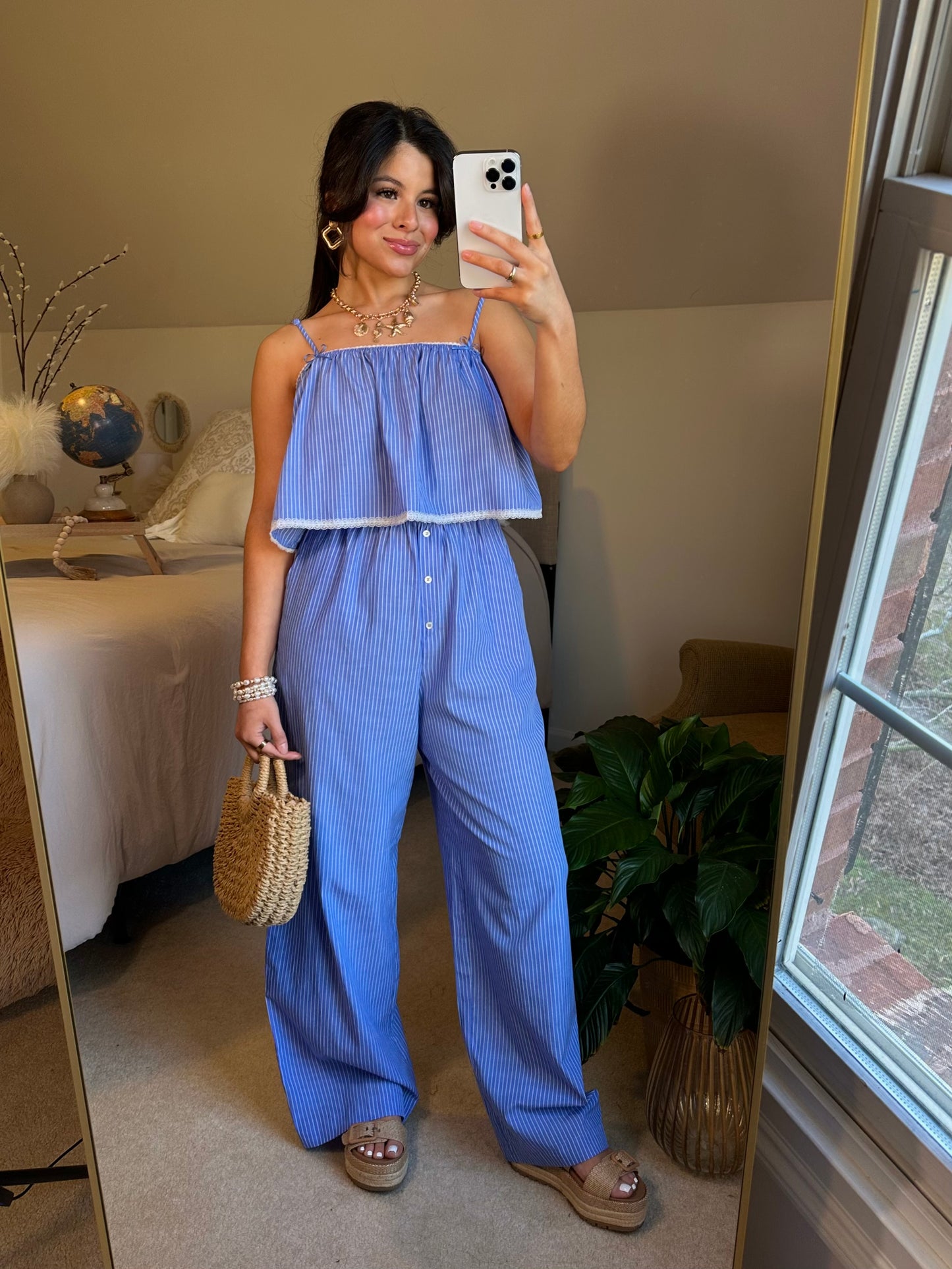 Blue Striped Poplin Cami & Pants Set