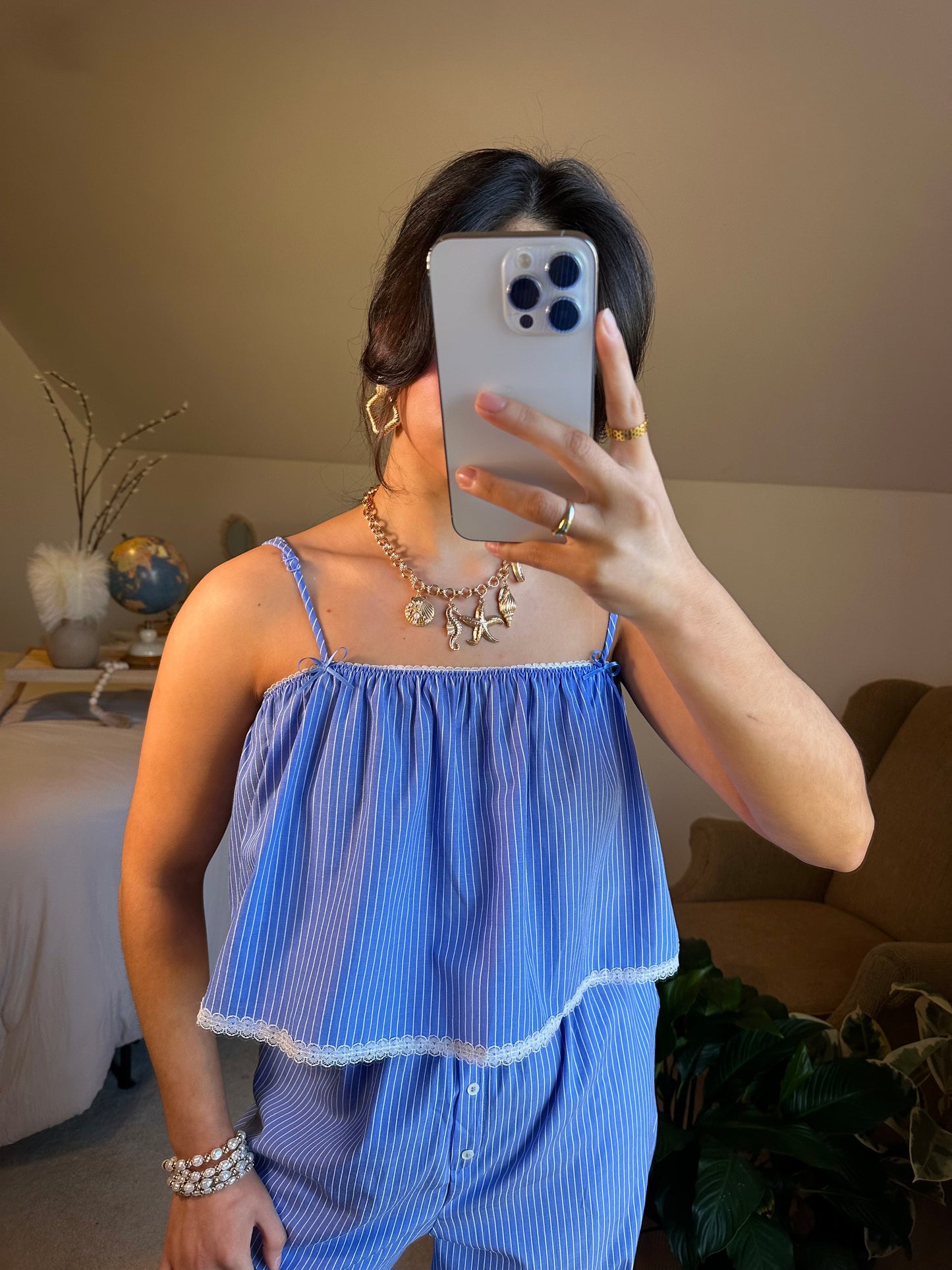 Blue Striped Poplin Cami & Pants Set