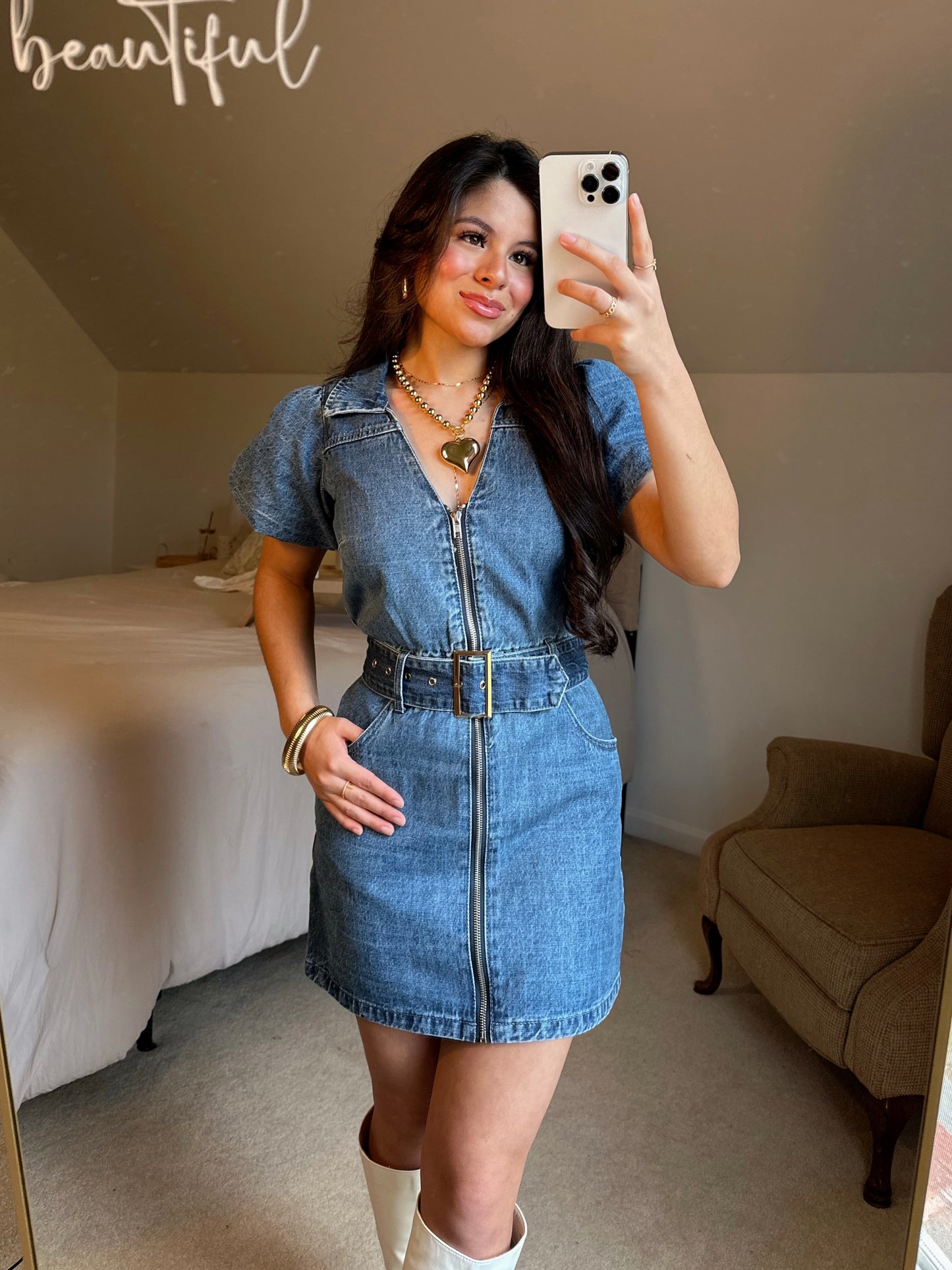 Denim Belted Zip-Up Dress