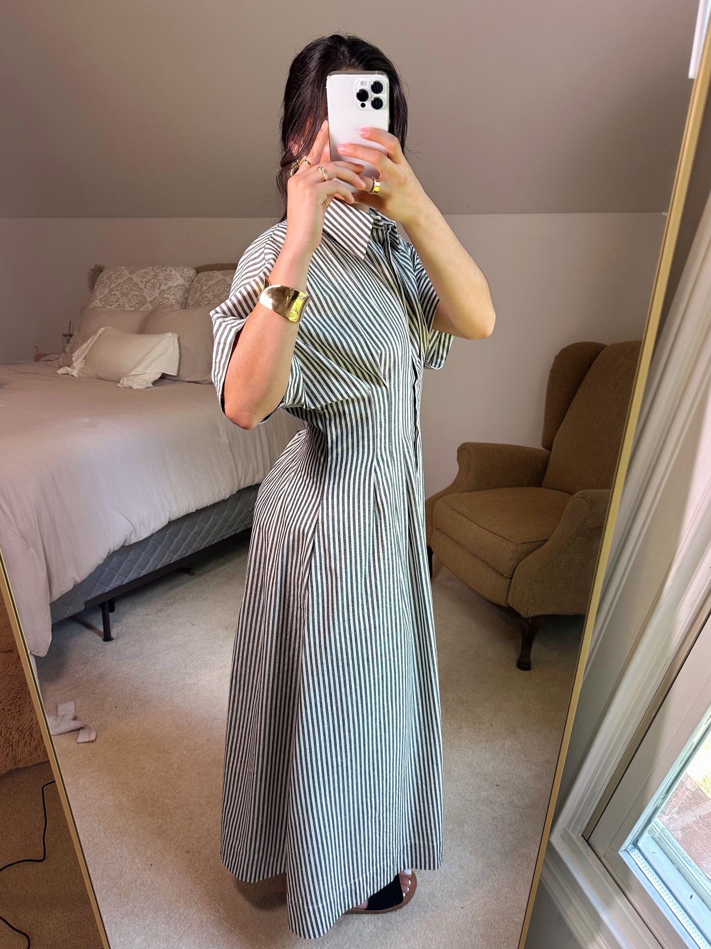 Black & White Striped Pleated Maxi Button Up Dress