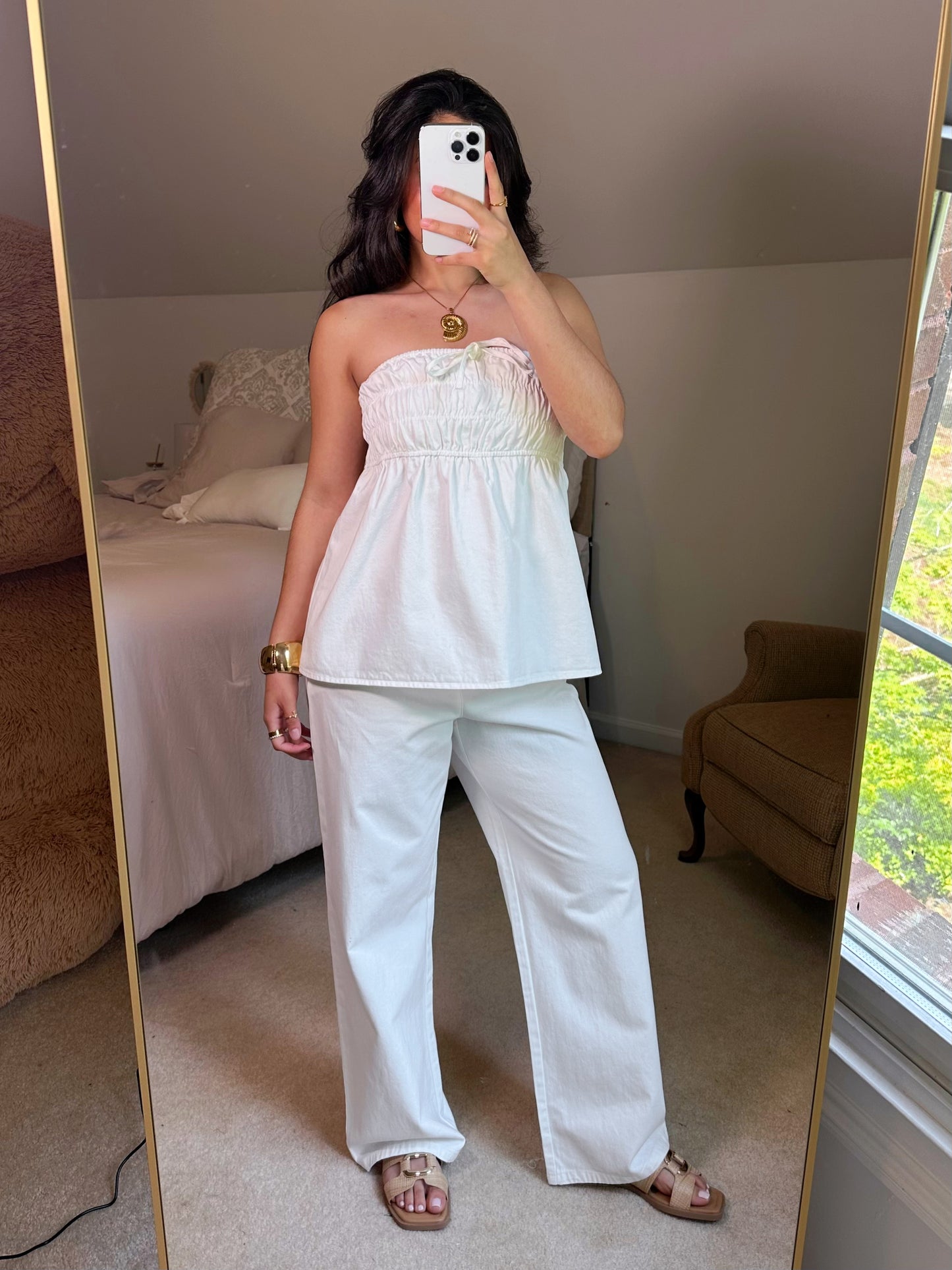 Ruched Top & Pant White Denim Set