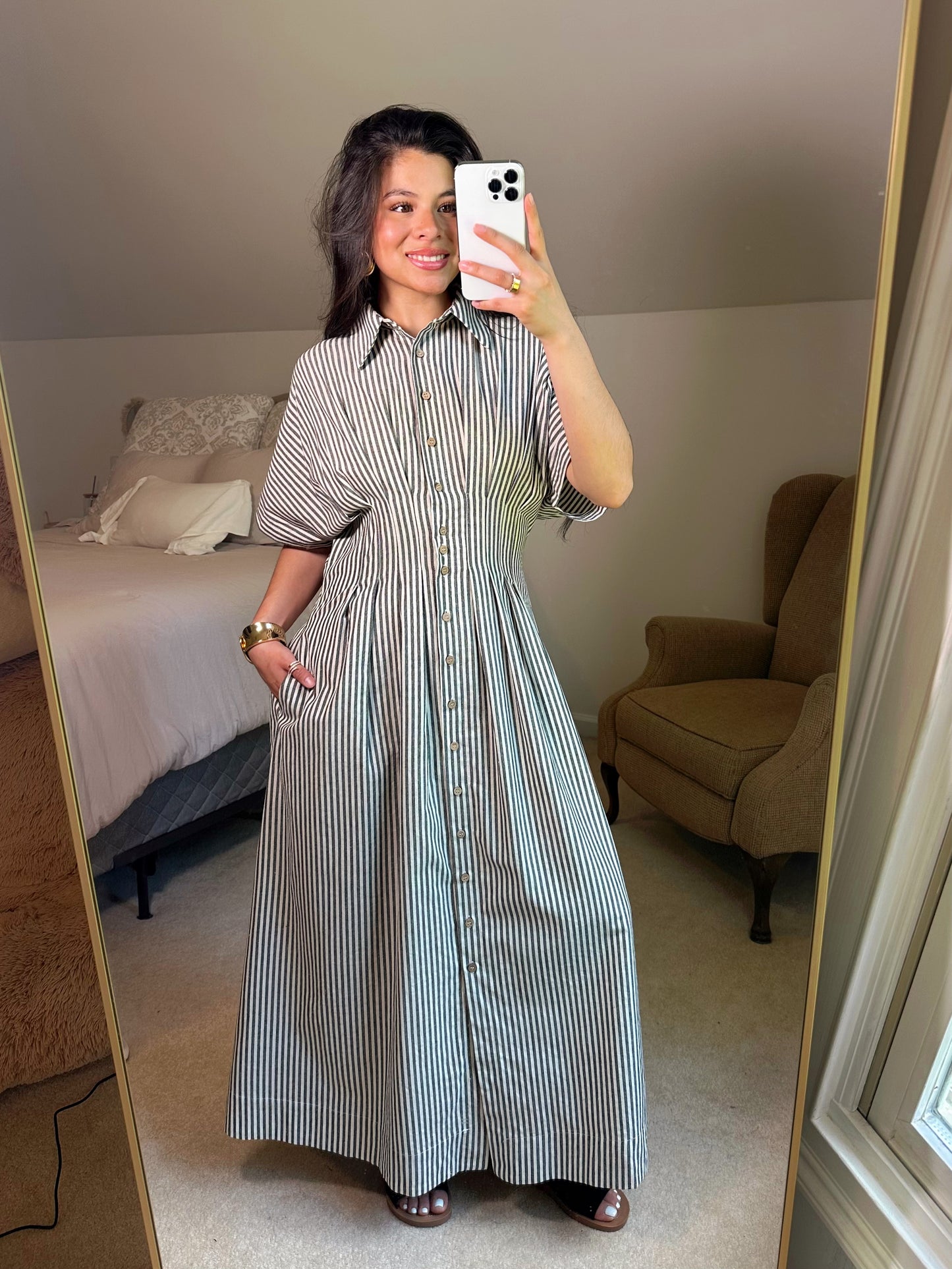 Black & White Striped Pleated Maxi Button Up Dress