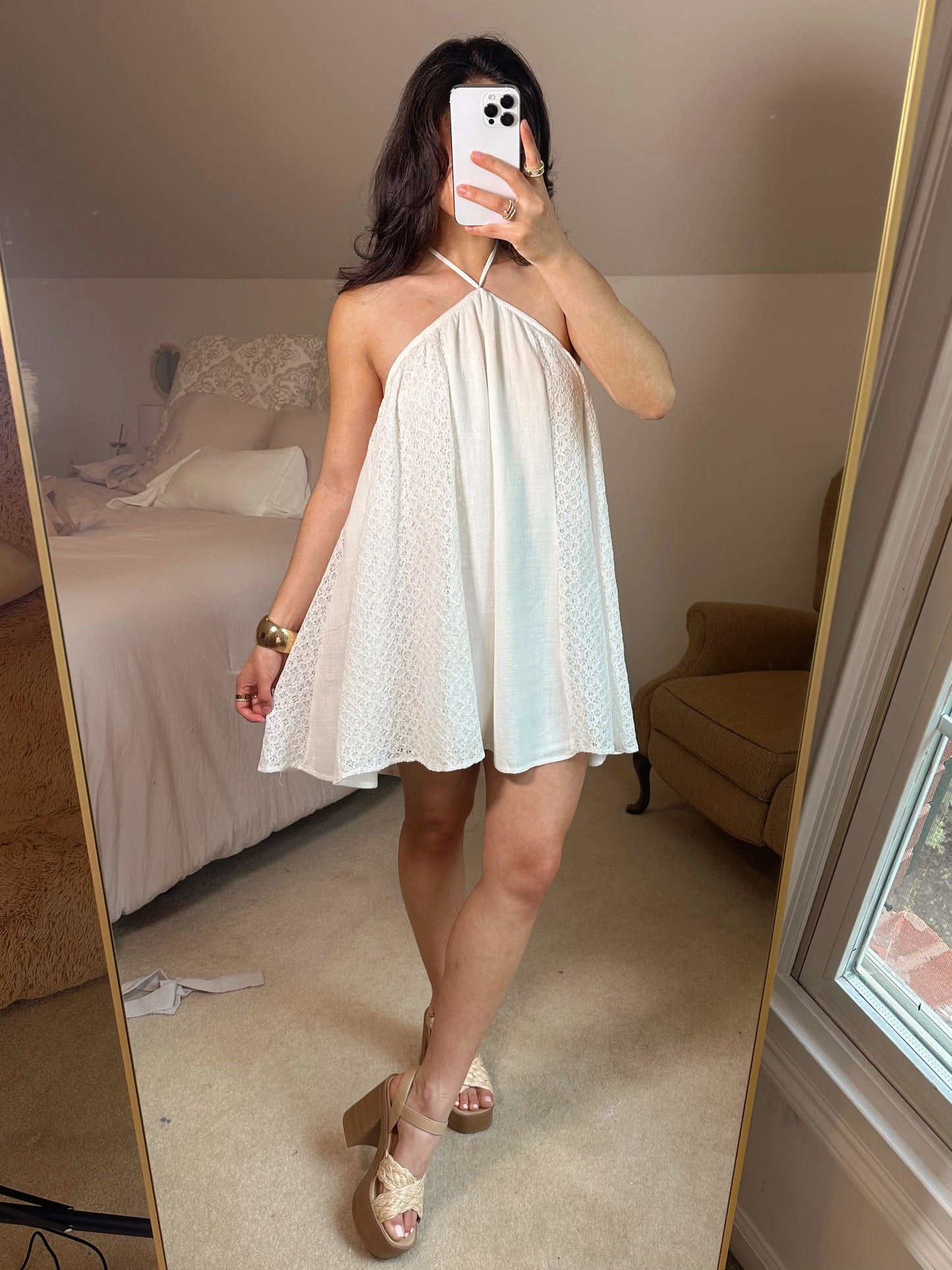 Lace Detail Open Back Halter Mini Dress