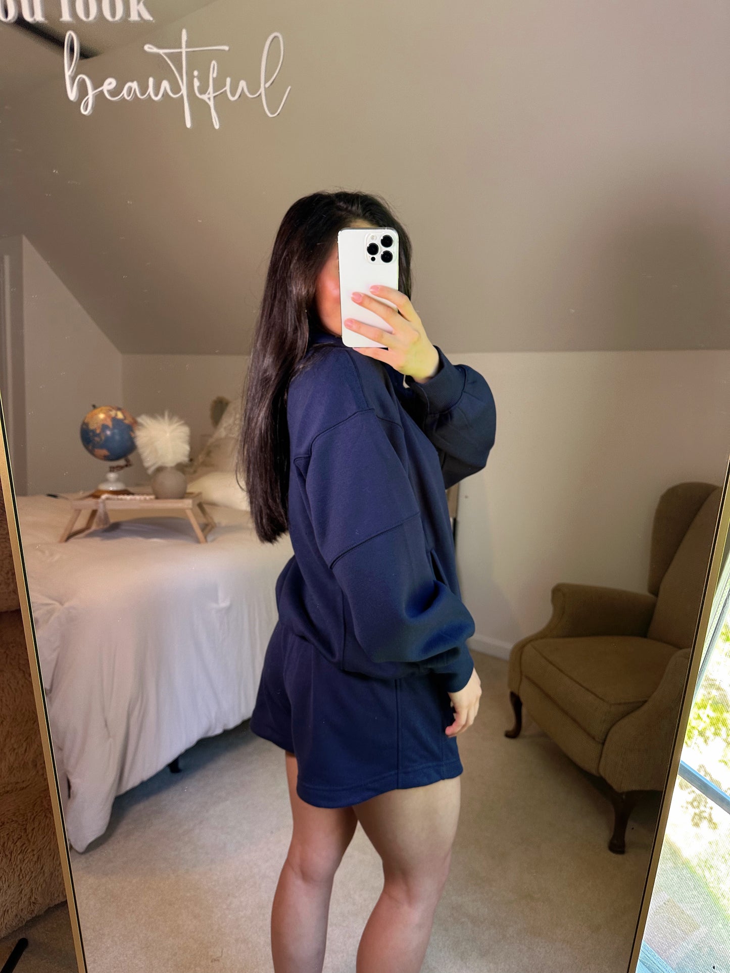Navy Quarter Zip Sweater and Shorts Set