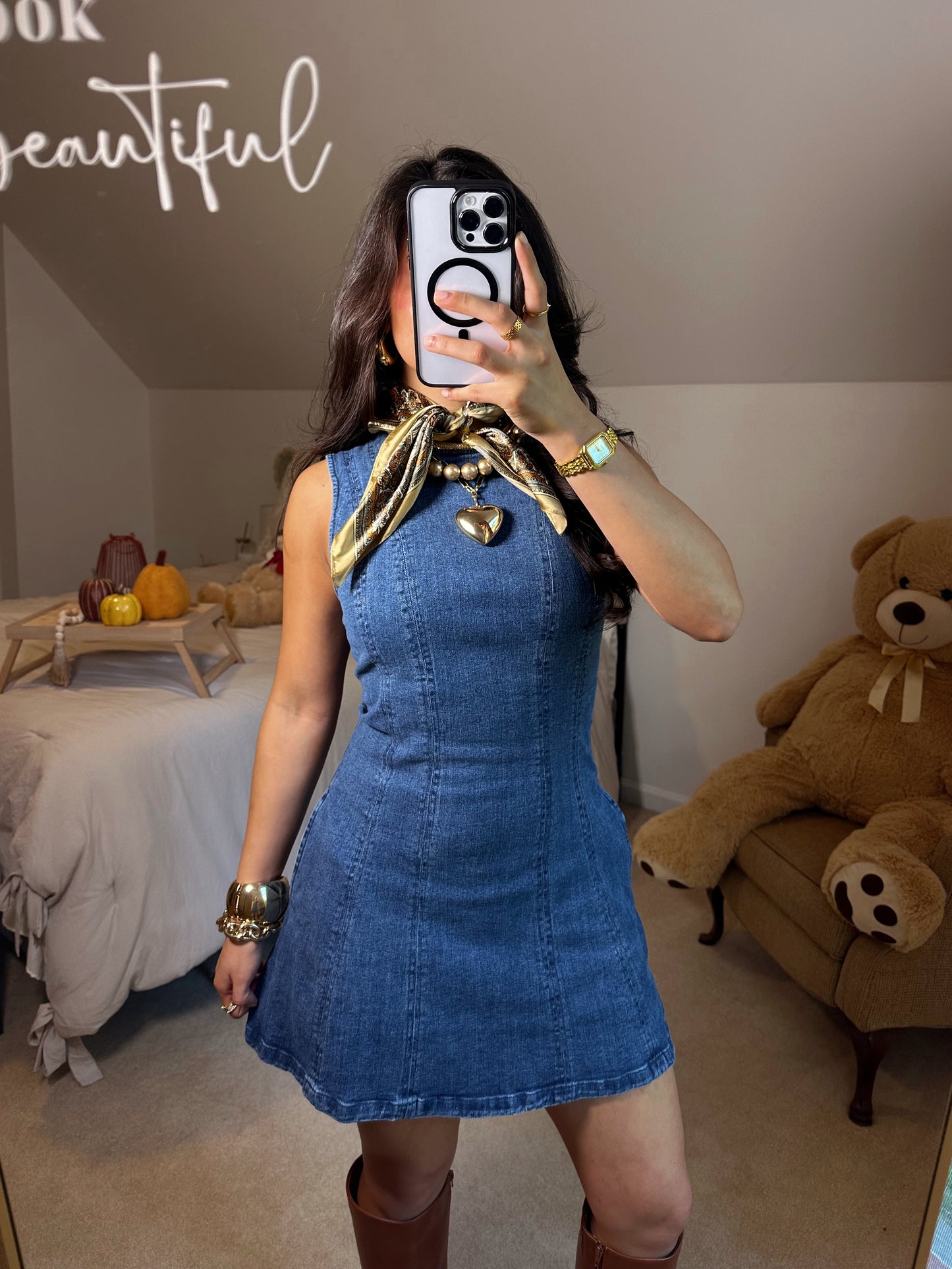 Denim Fit & Flare Stretch Mini Dress