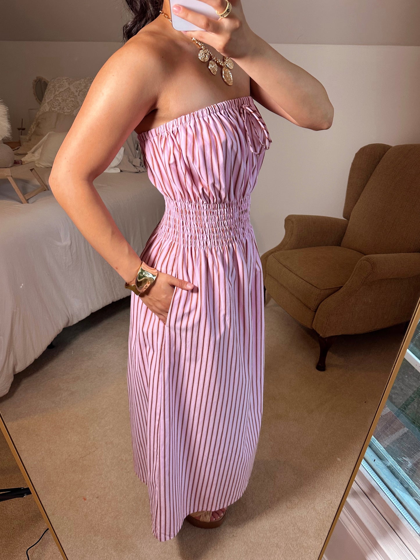 Pink Striped Tube Midi Dress