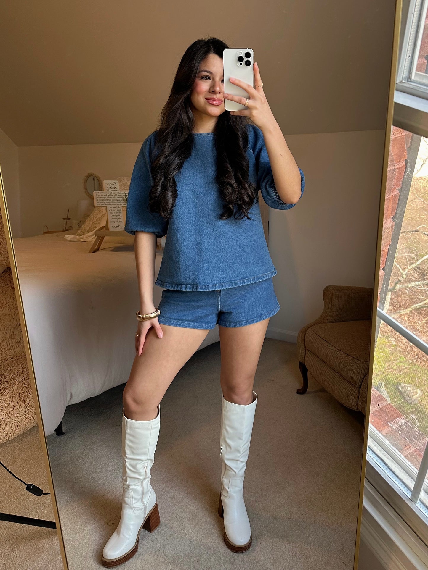 Denim Puff Sleeve Top & Shorts Set