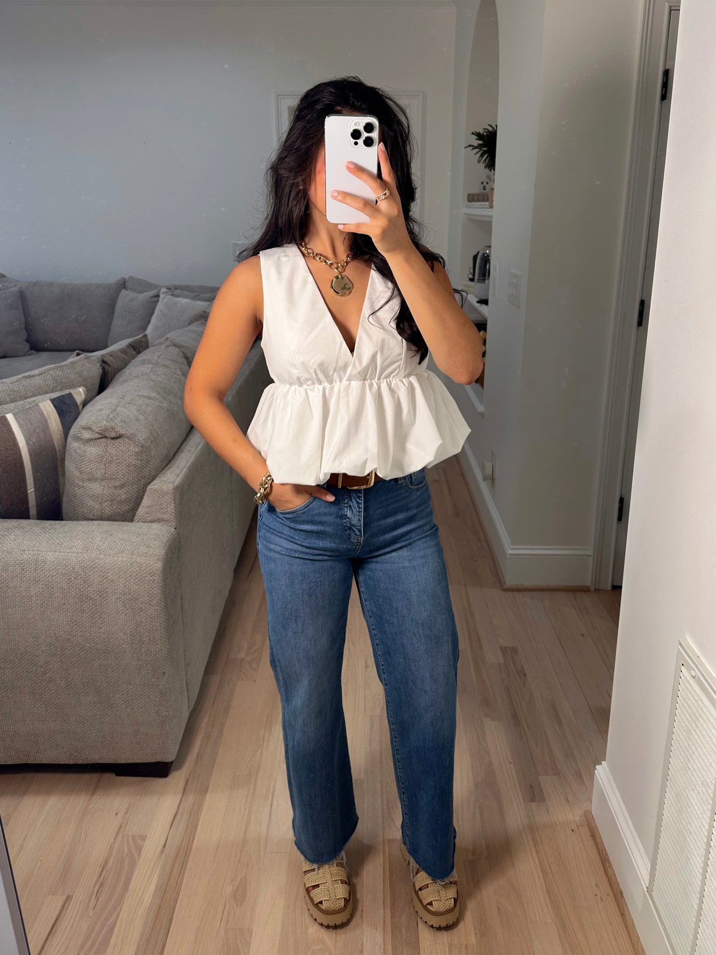 White Bubble Peplum Top