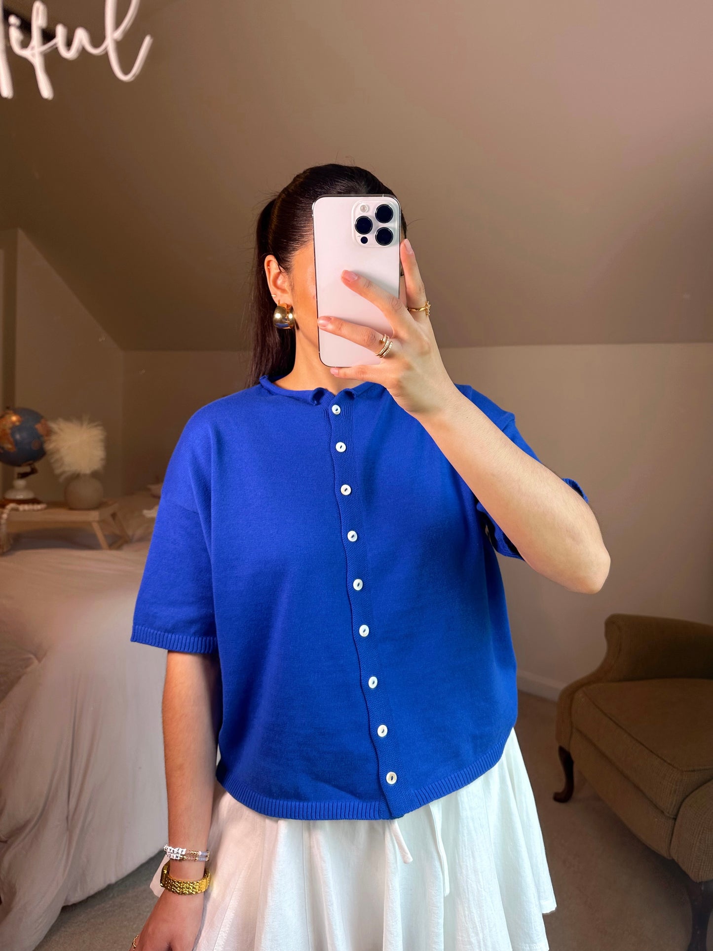 Blue Knit Short Sleeve Cardigan