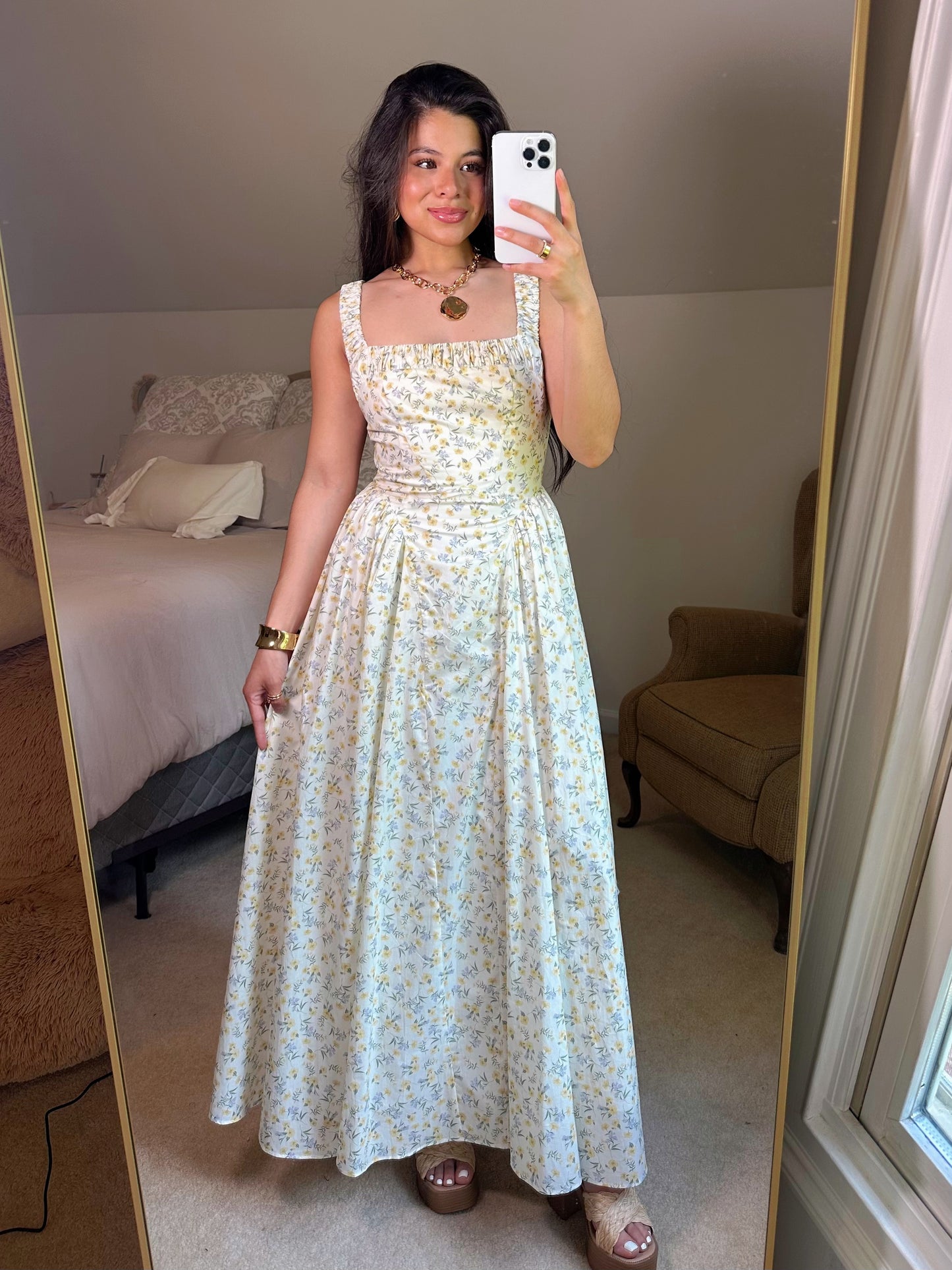 Yellow Ditsy Floral Midi Dress