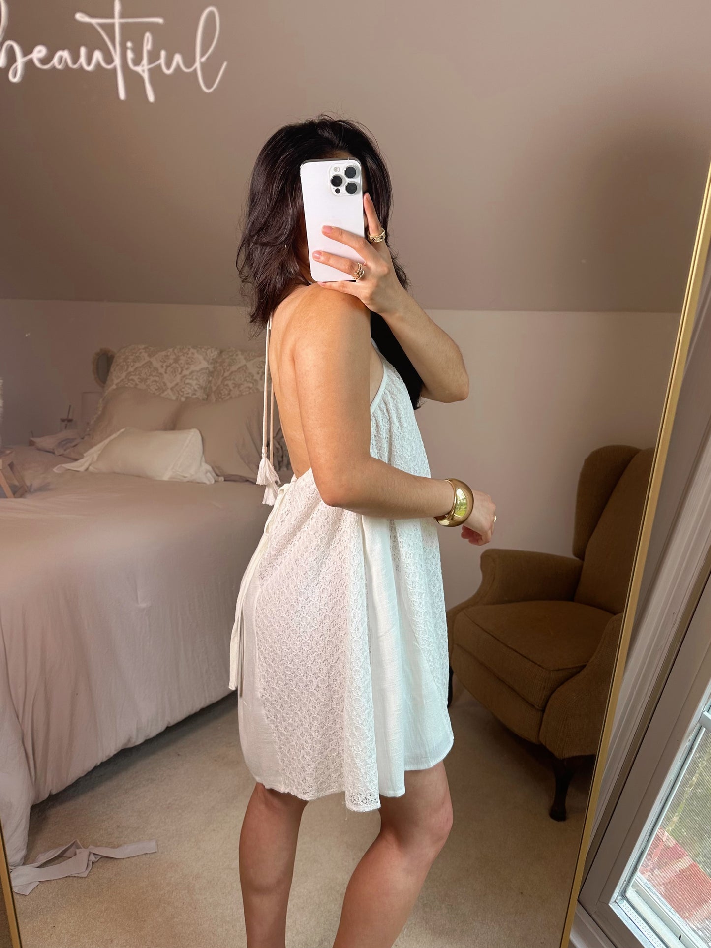 Lace Detail Open Back Halter Mini Dress