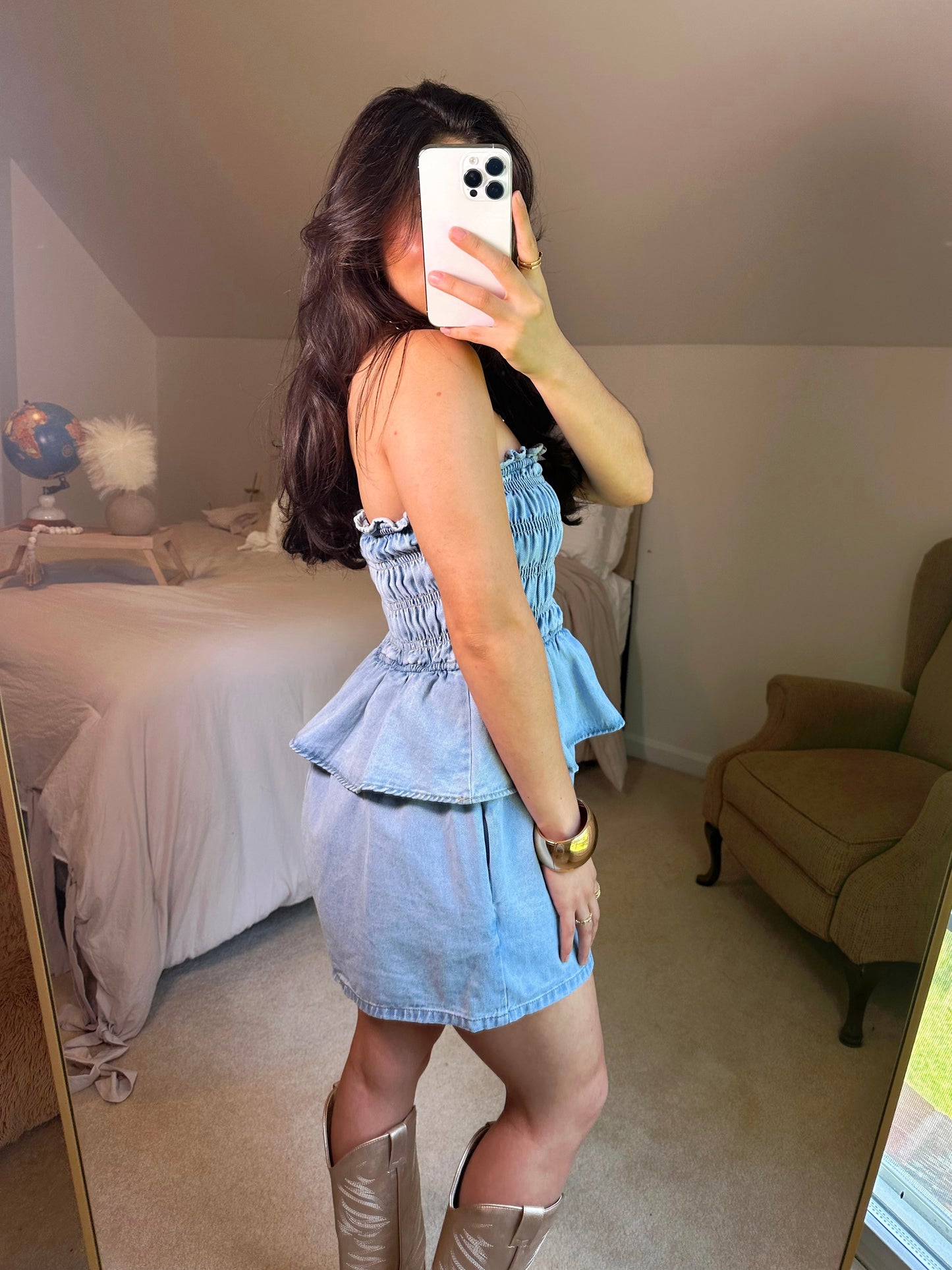 Denim Smocked Strapless Romper