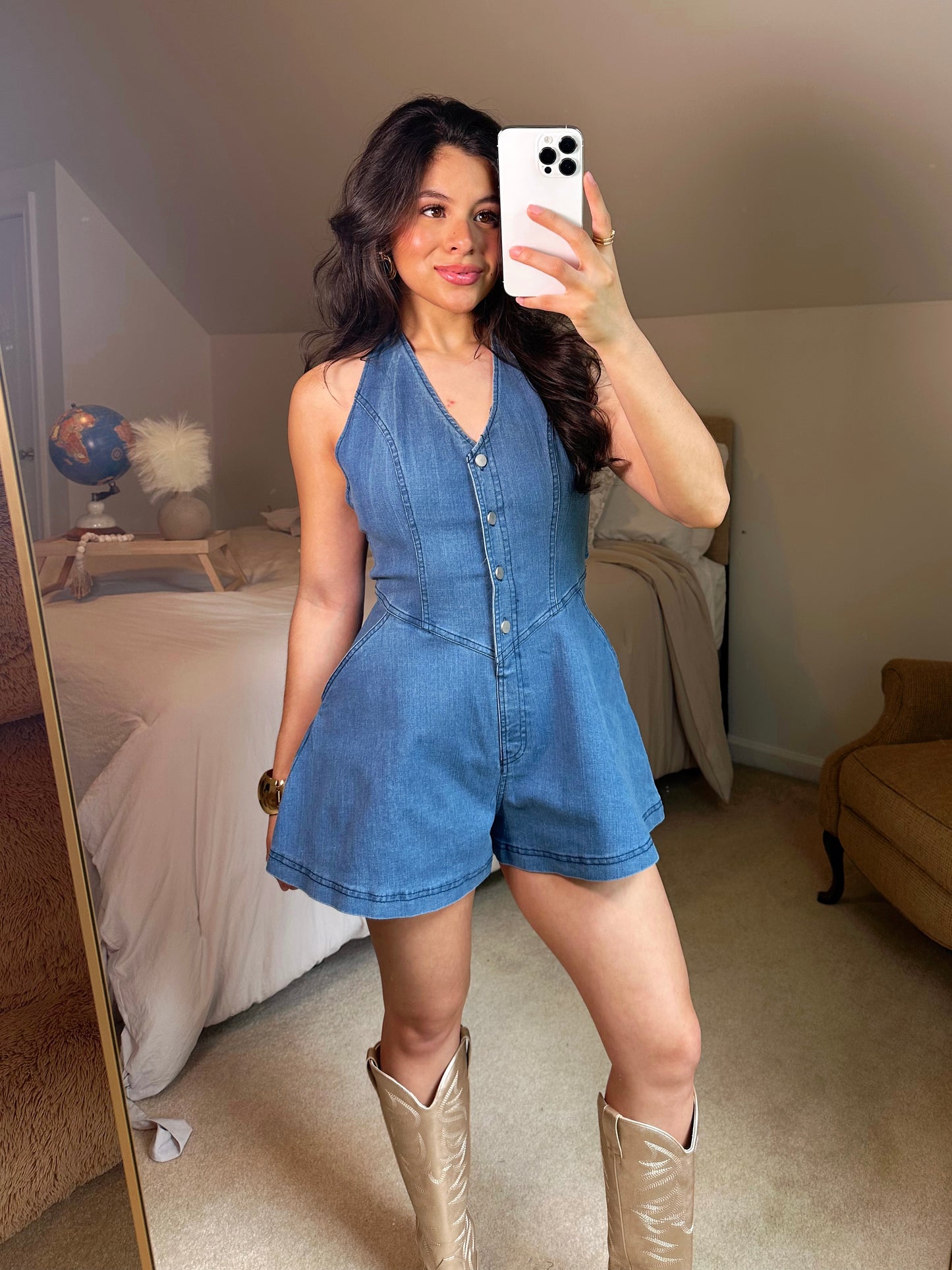 Girly Halter Open Back Denim Romper