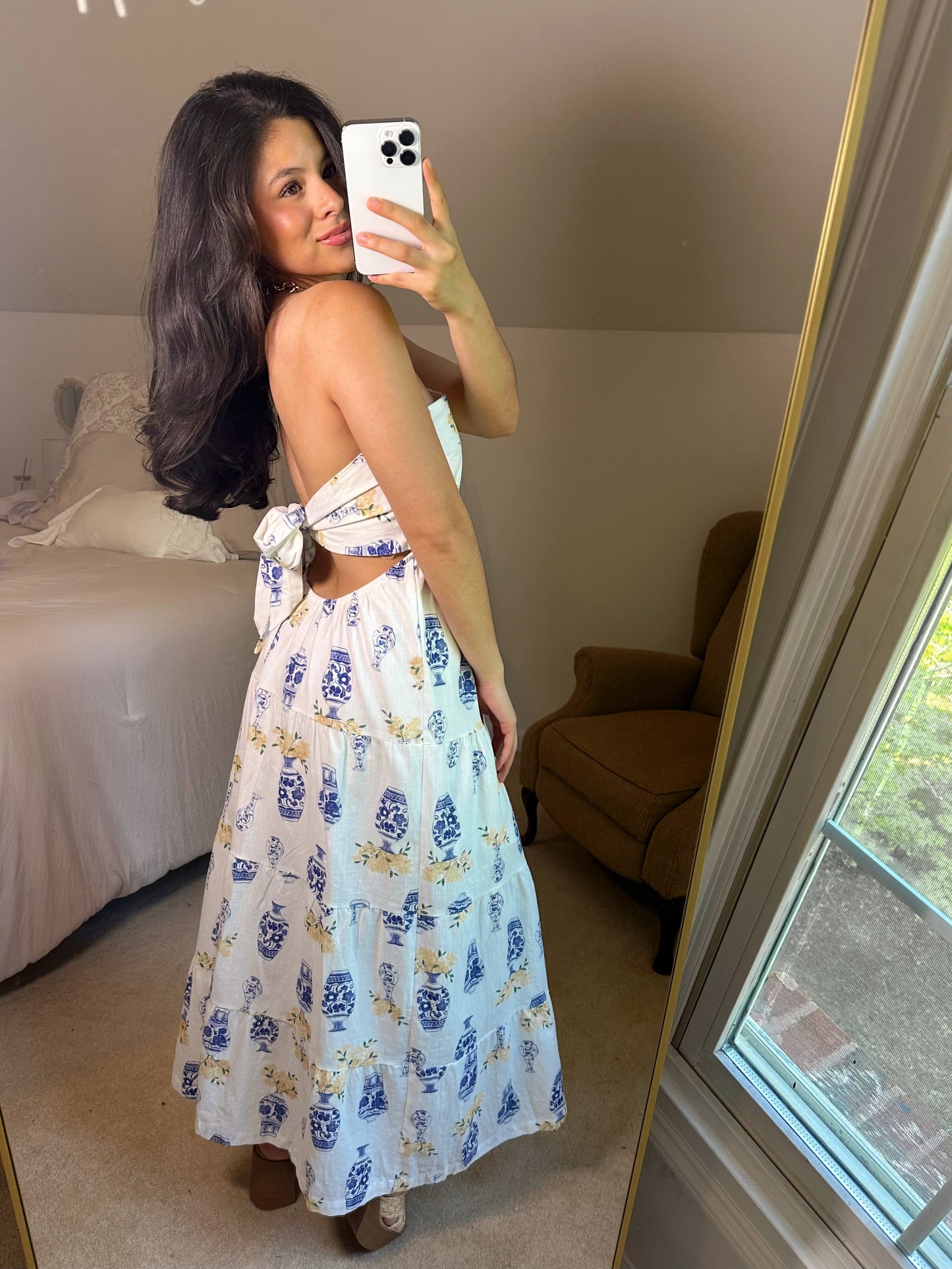 Greece Flower Vase Tube Open Back Dress