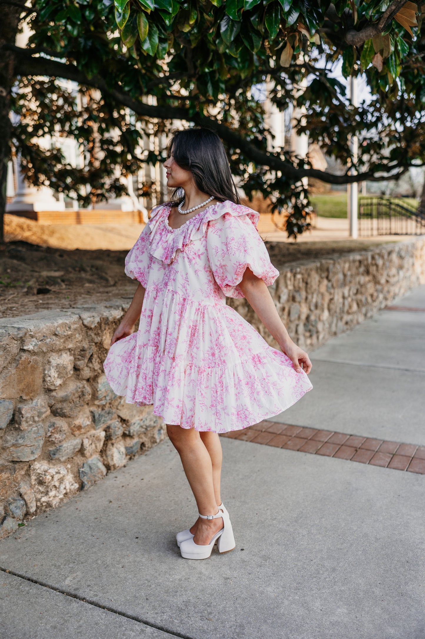 Pink Roses Ruffle V-Neck Dress