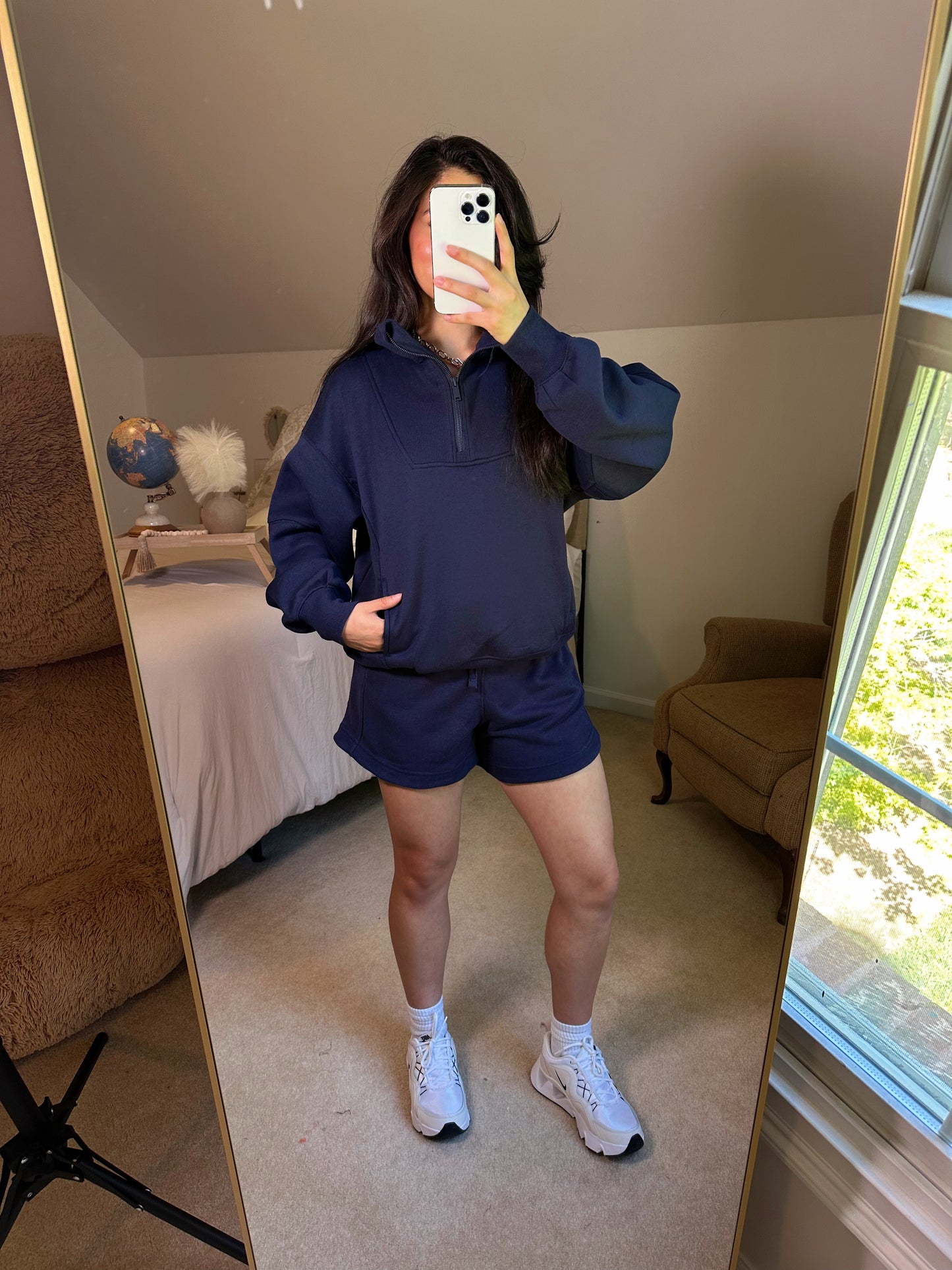 Navy Quarter Zip Sweater and Shorts Set