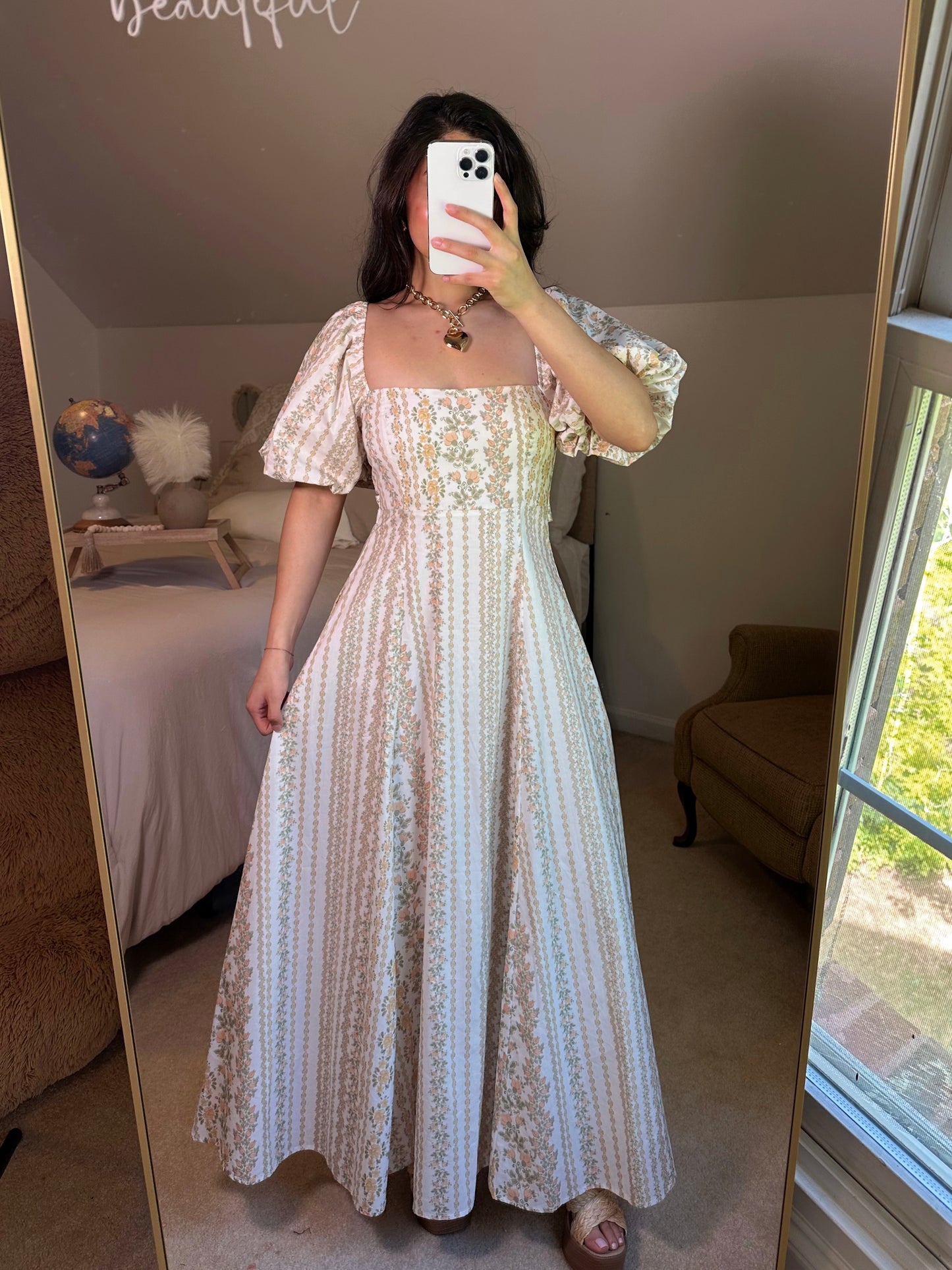 Peach Florals Puff Sleeve Maxi Dress
