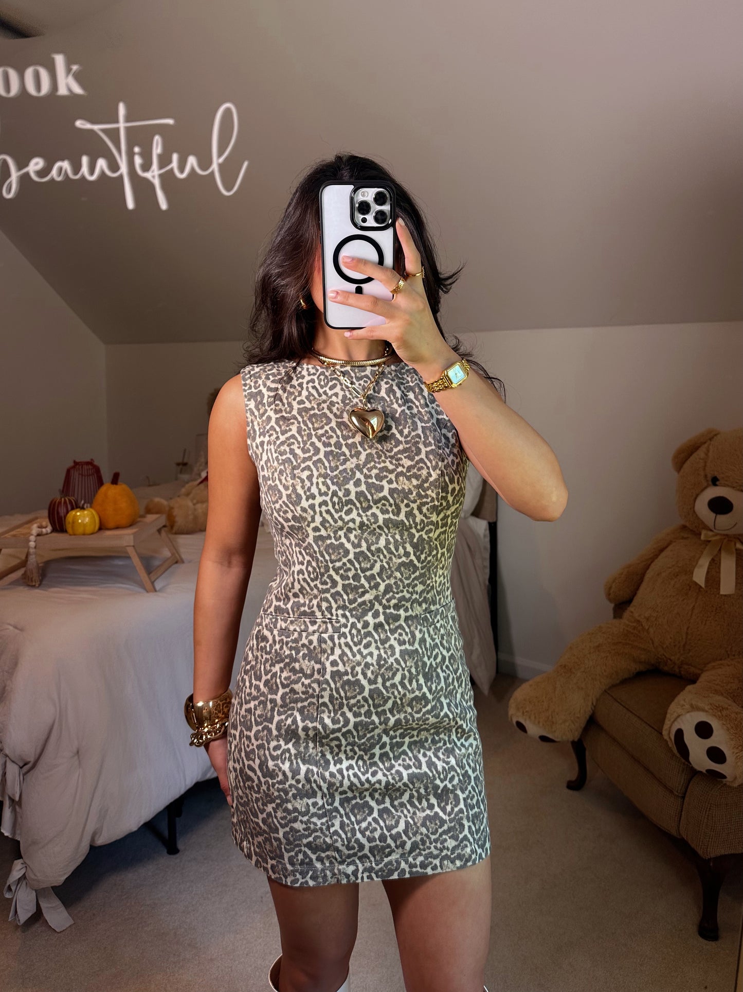 Leopard Denim Pocket Detail Dress