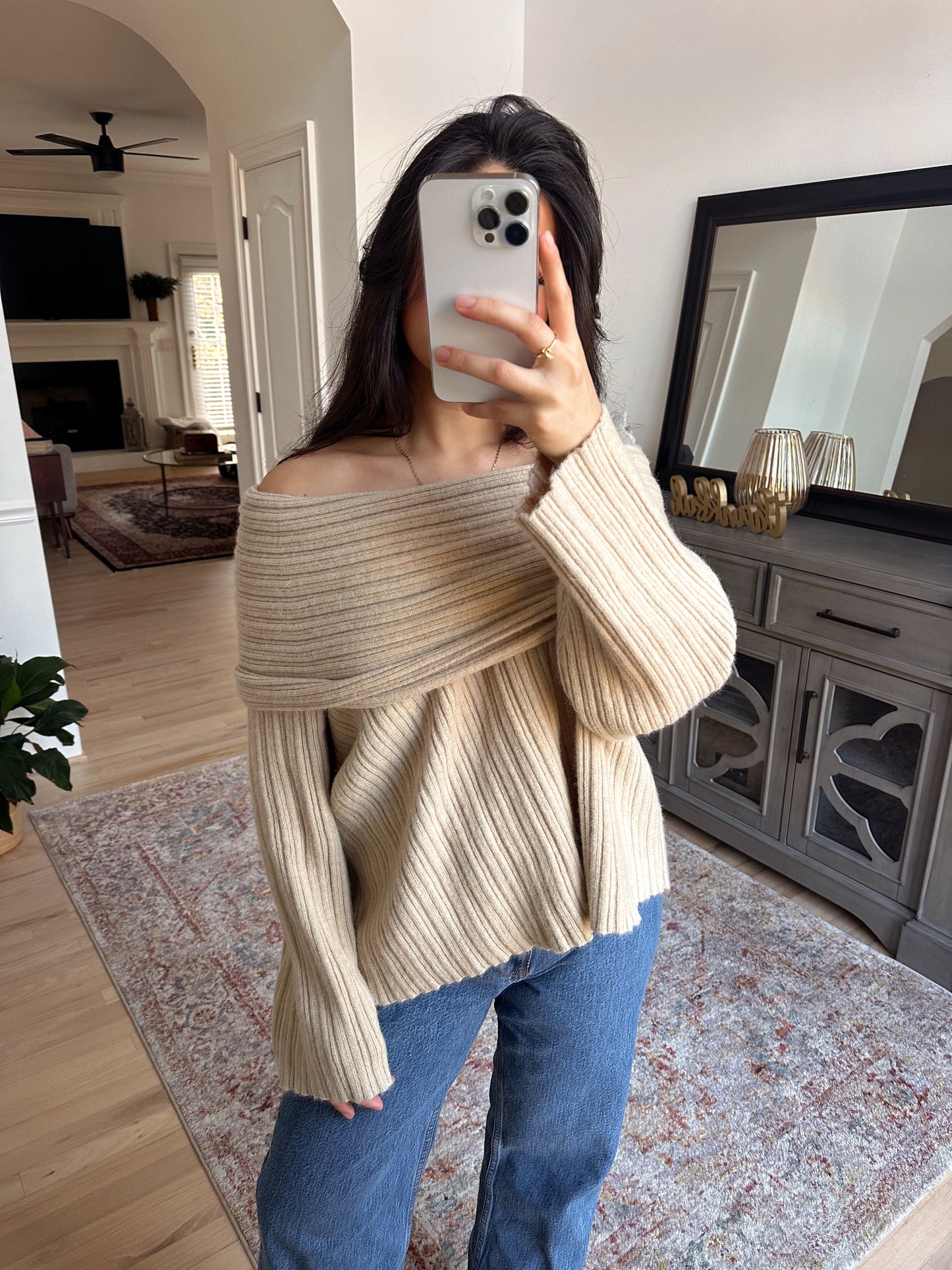 Tan Chunky Off-Shoulder Sweater