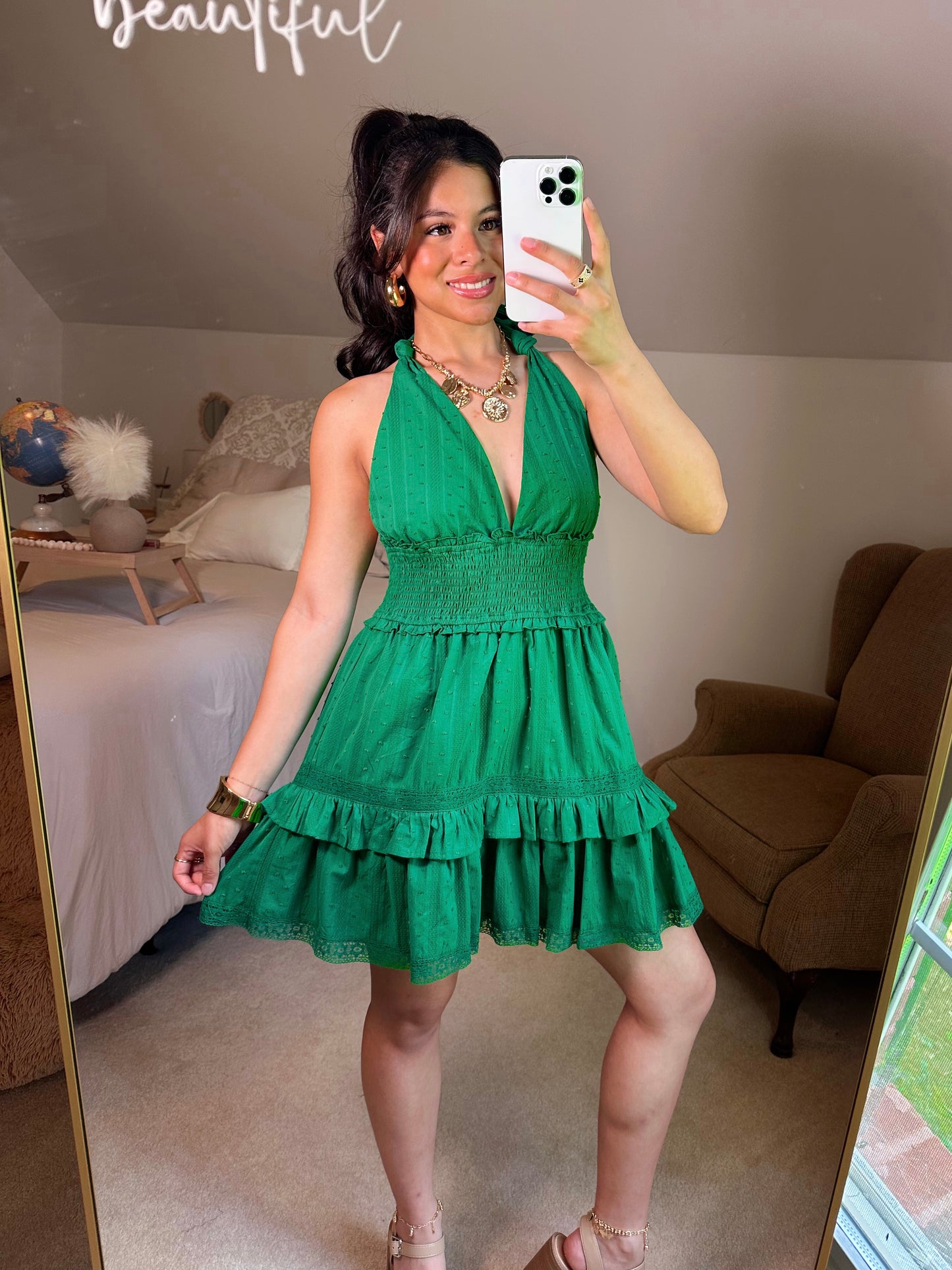 Green Lace Halter Neck Dress