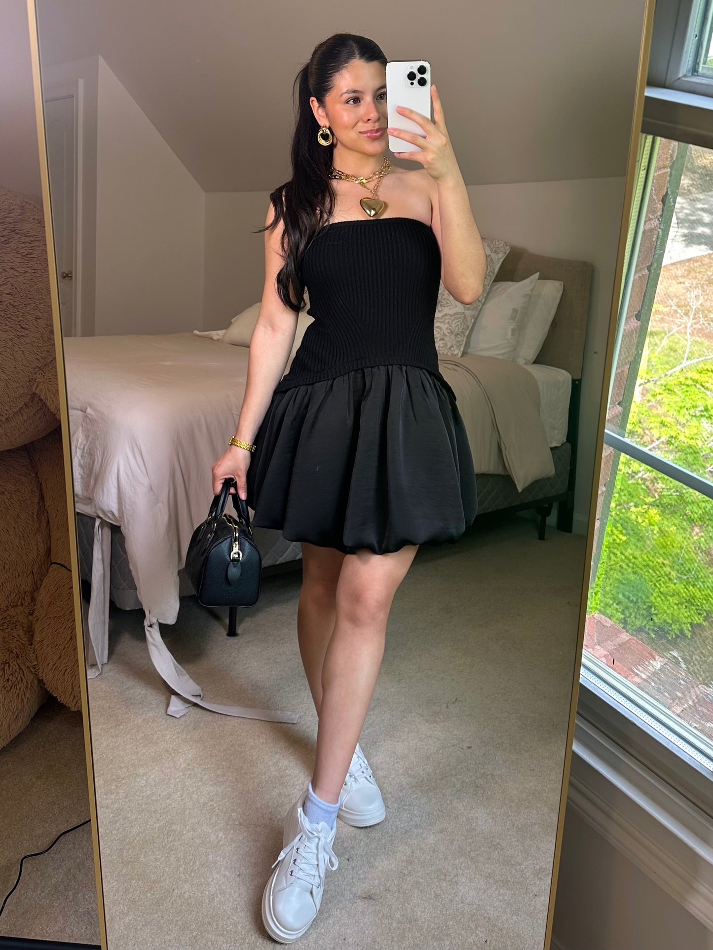 Black Mixed Sweater & Bubble Hem Mini Dress