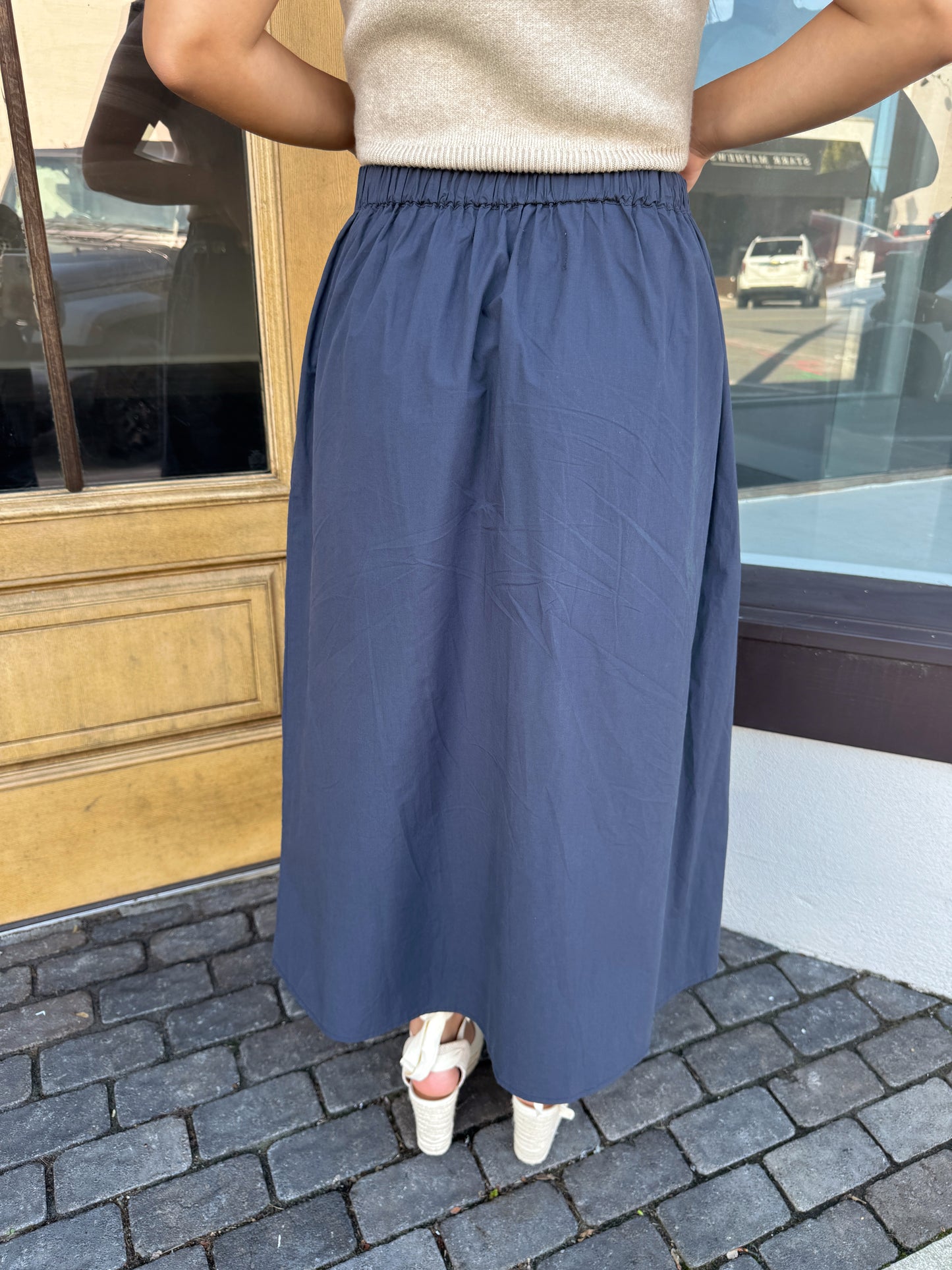 Navy Poplin Midi Skirt