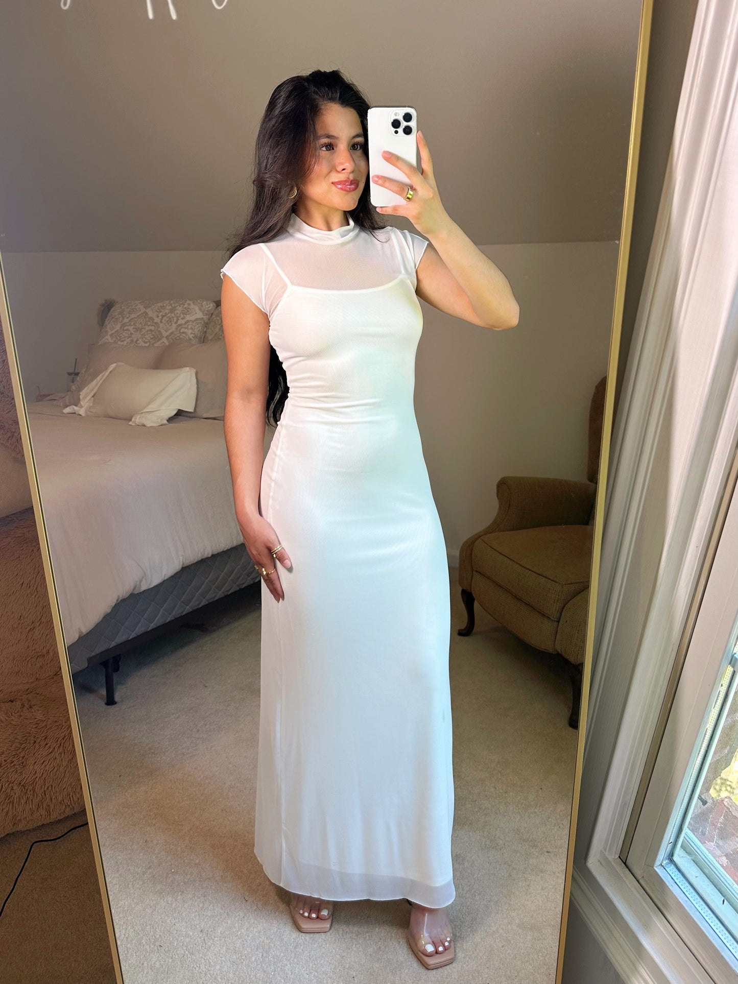 White Mockneck Mesh Maxi Dress