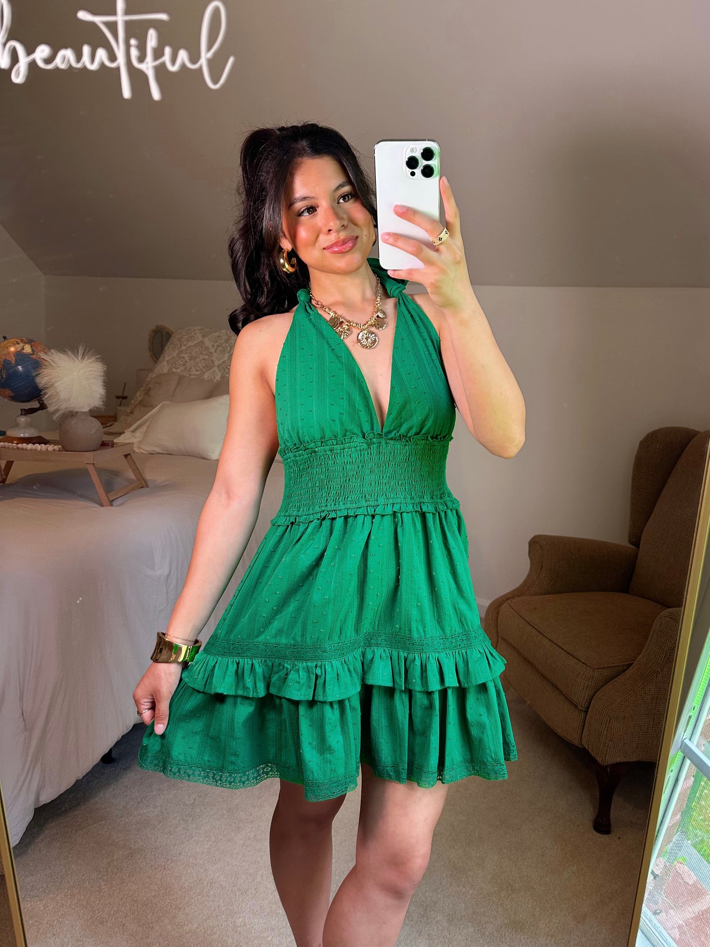 Green Lace Halter Neck Dress