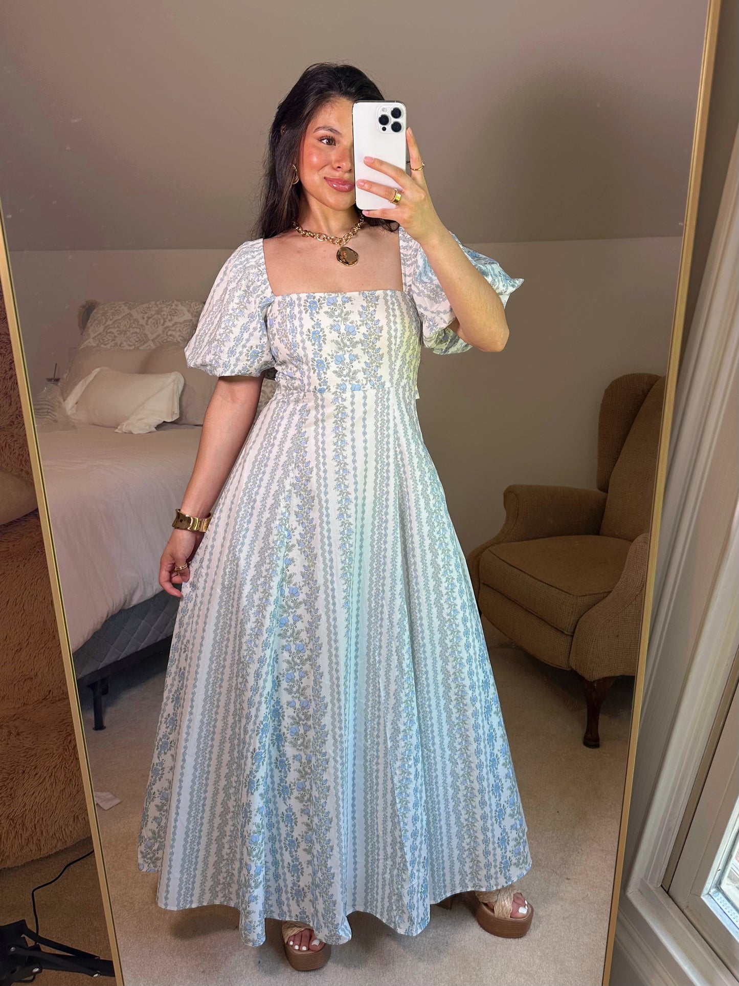Blue Florals Puff Sleeve Maxi Dress