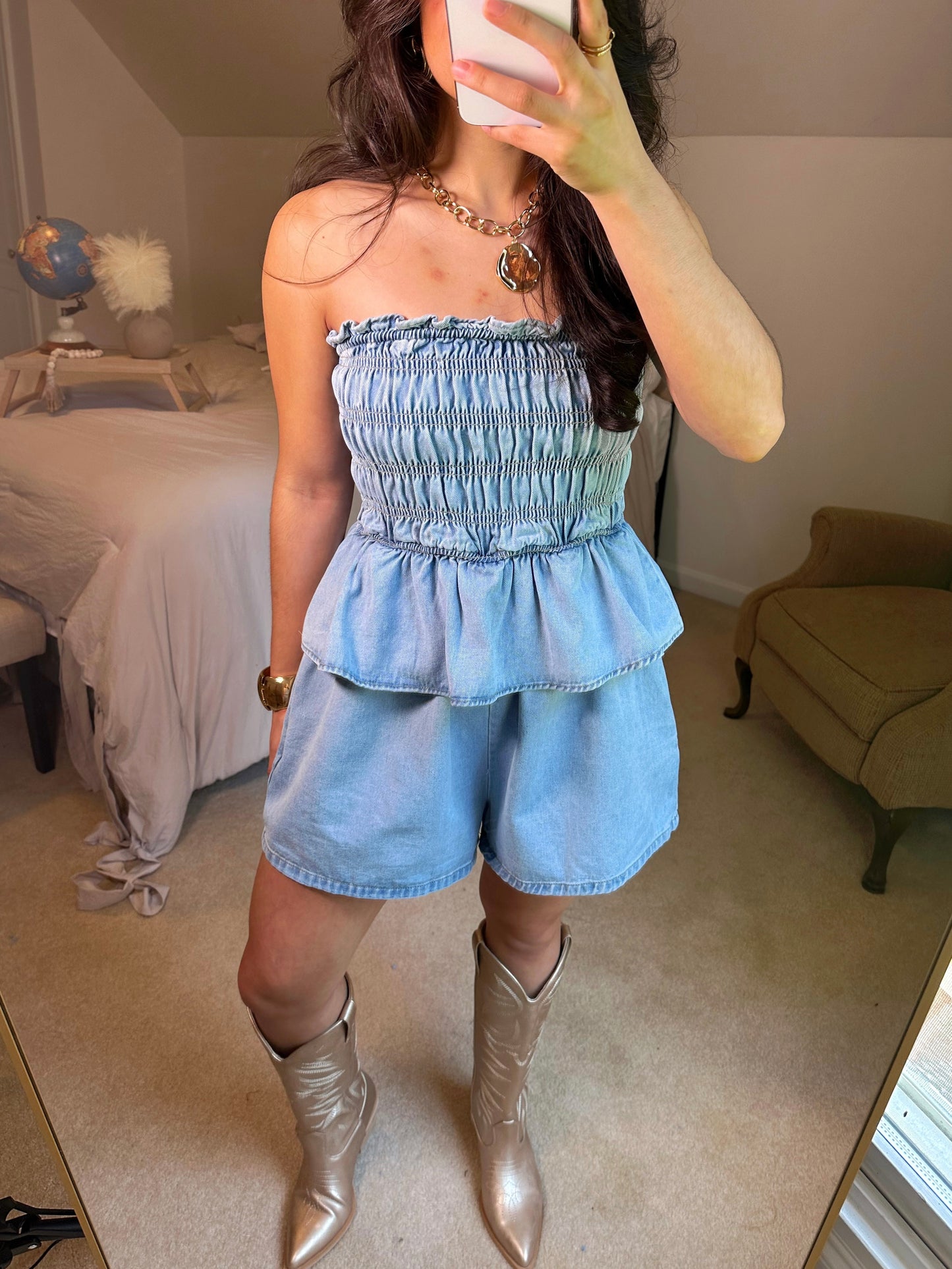 Denim Smocked Strapless Romper