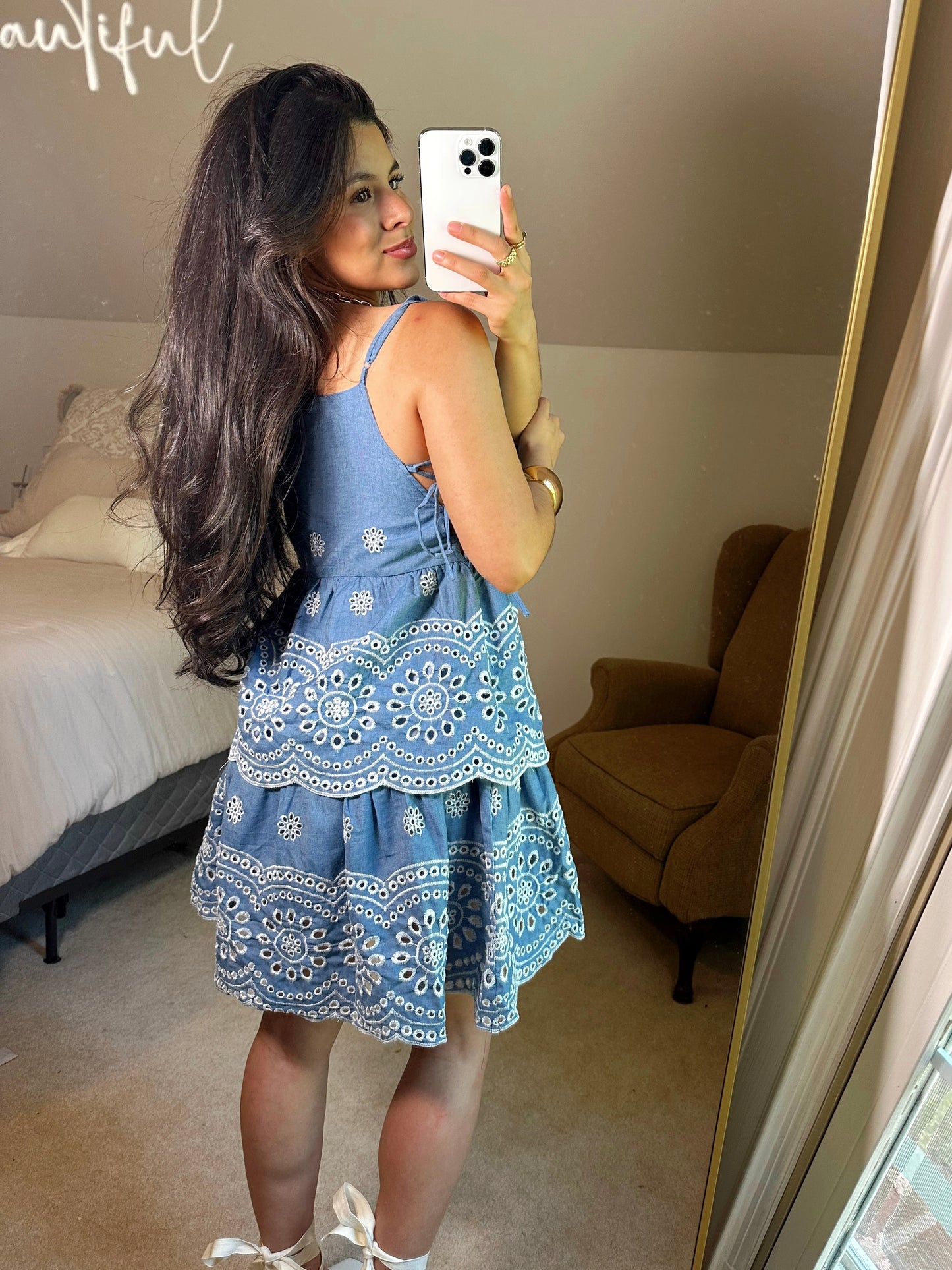 Blue Floral Embroidery Dress