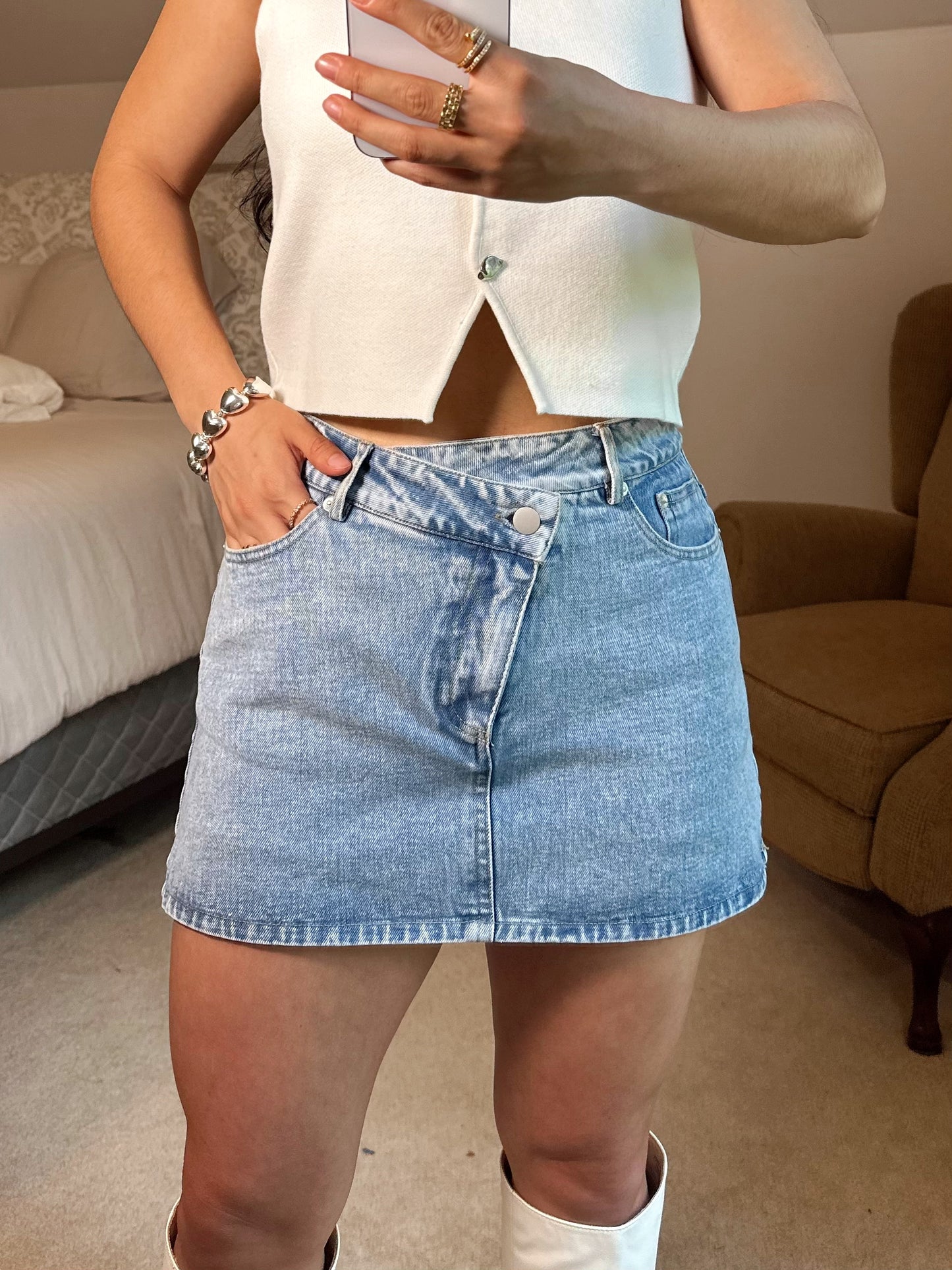 Denim Asymmetrical Button Skort