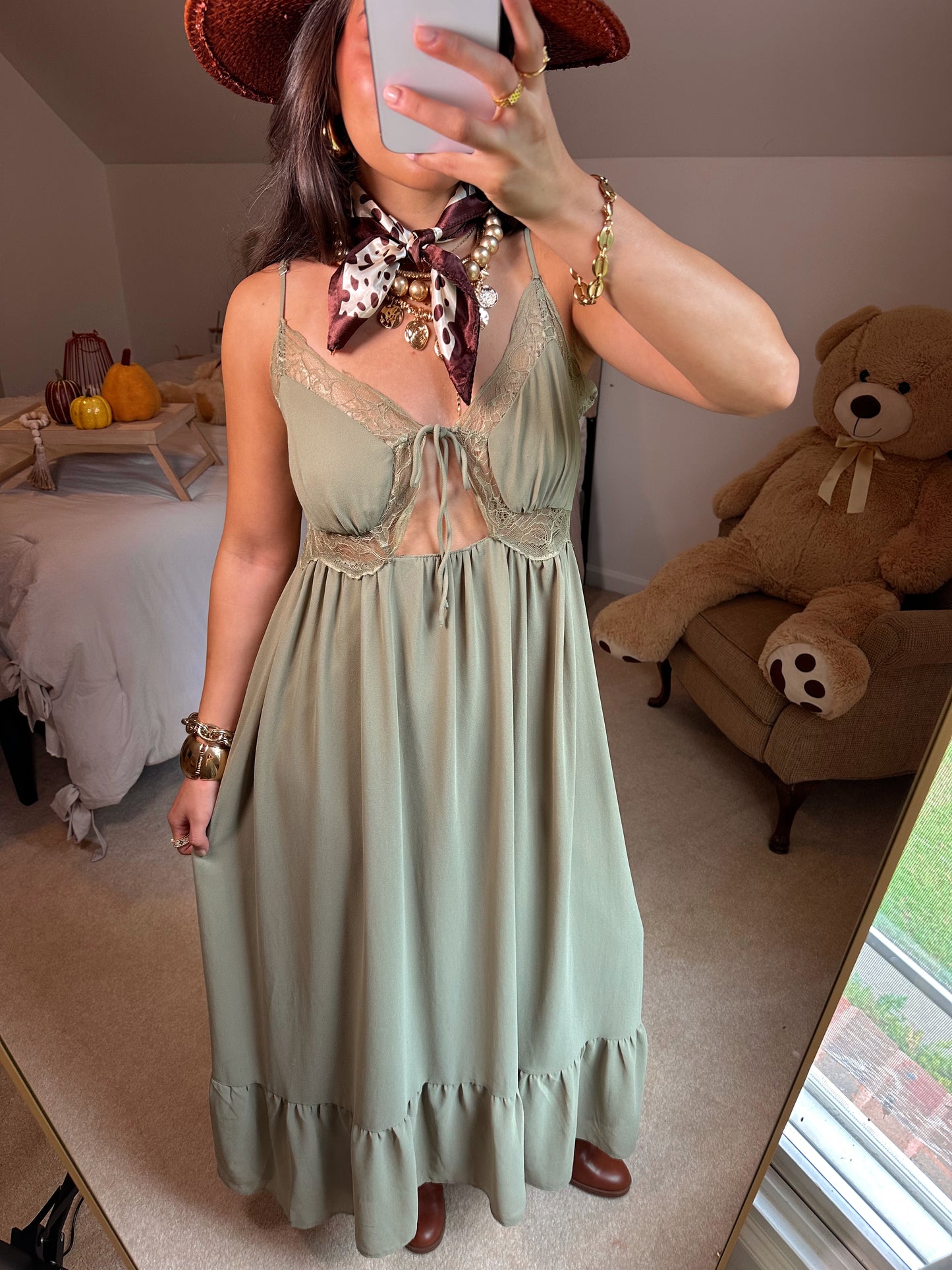 Olive Lace Cut-Out Maxi Dress