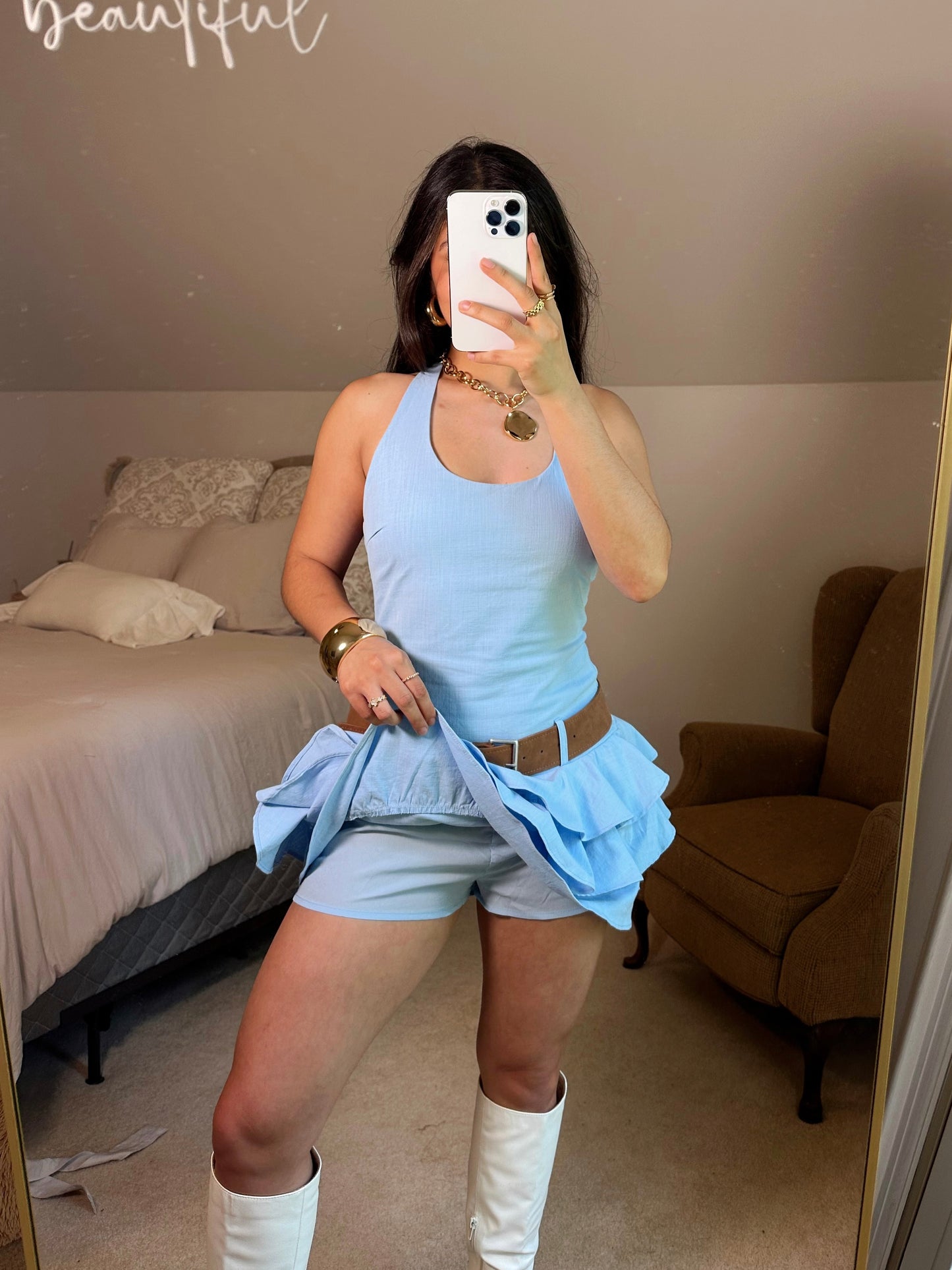 Baby Blue Ruffle Belted Halter Romper