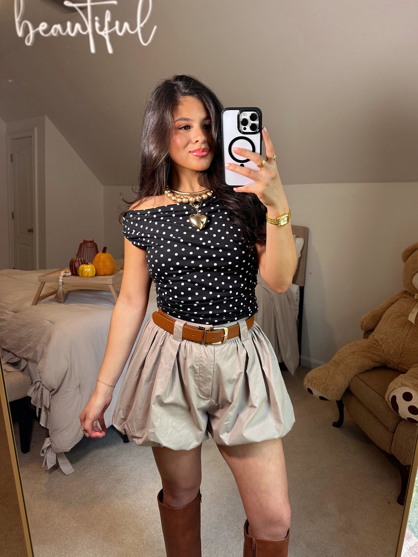 Black White Polka Dot Off-Shoulder Top