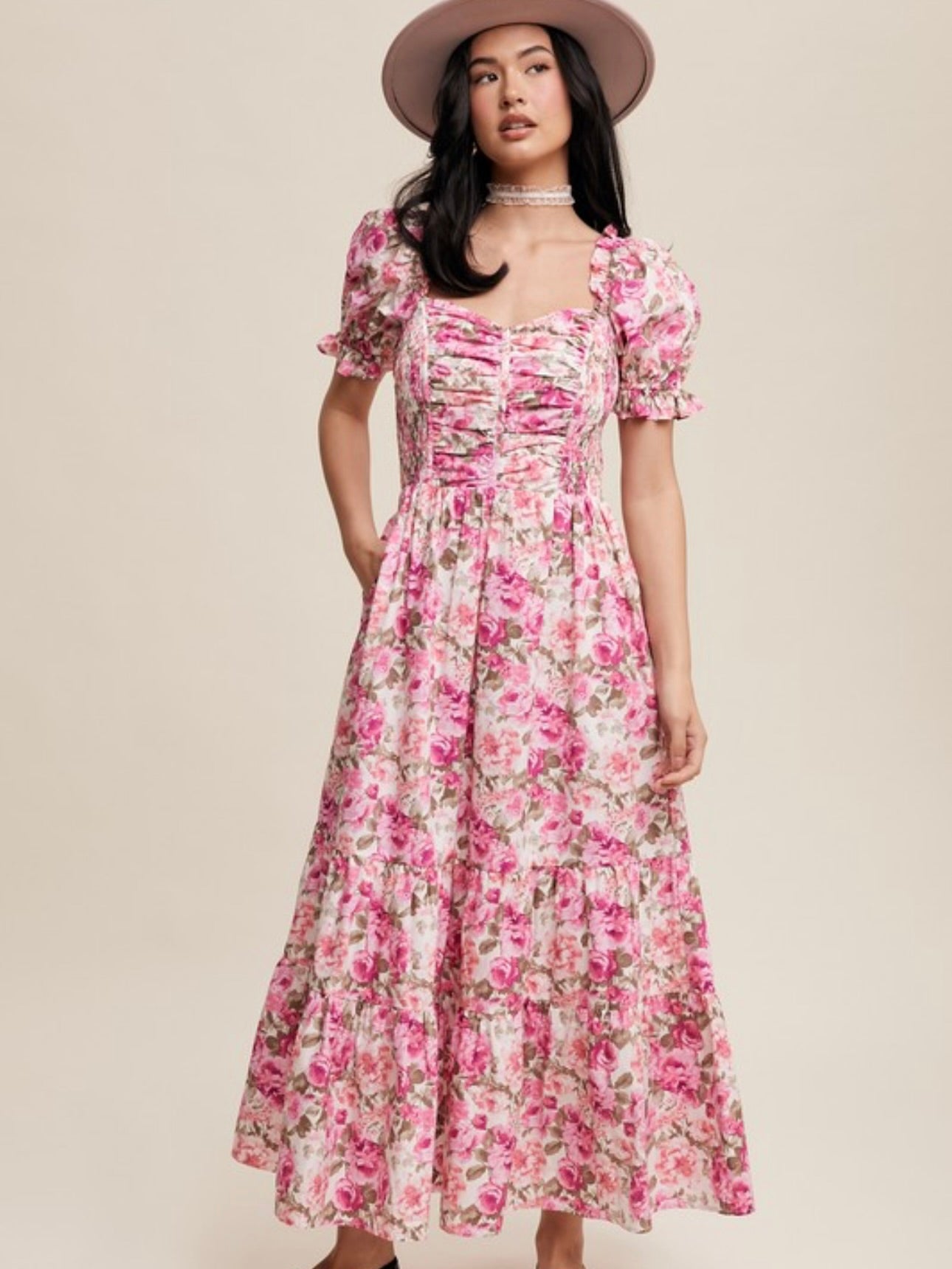 Pink Florals Sweetheart Maxi Dress