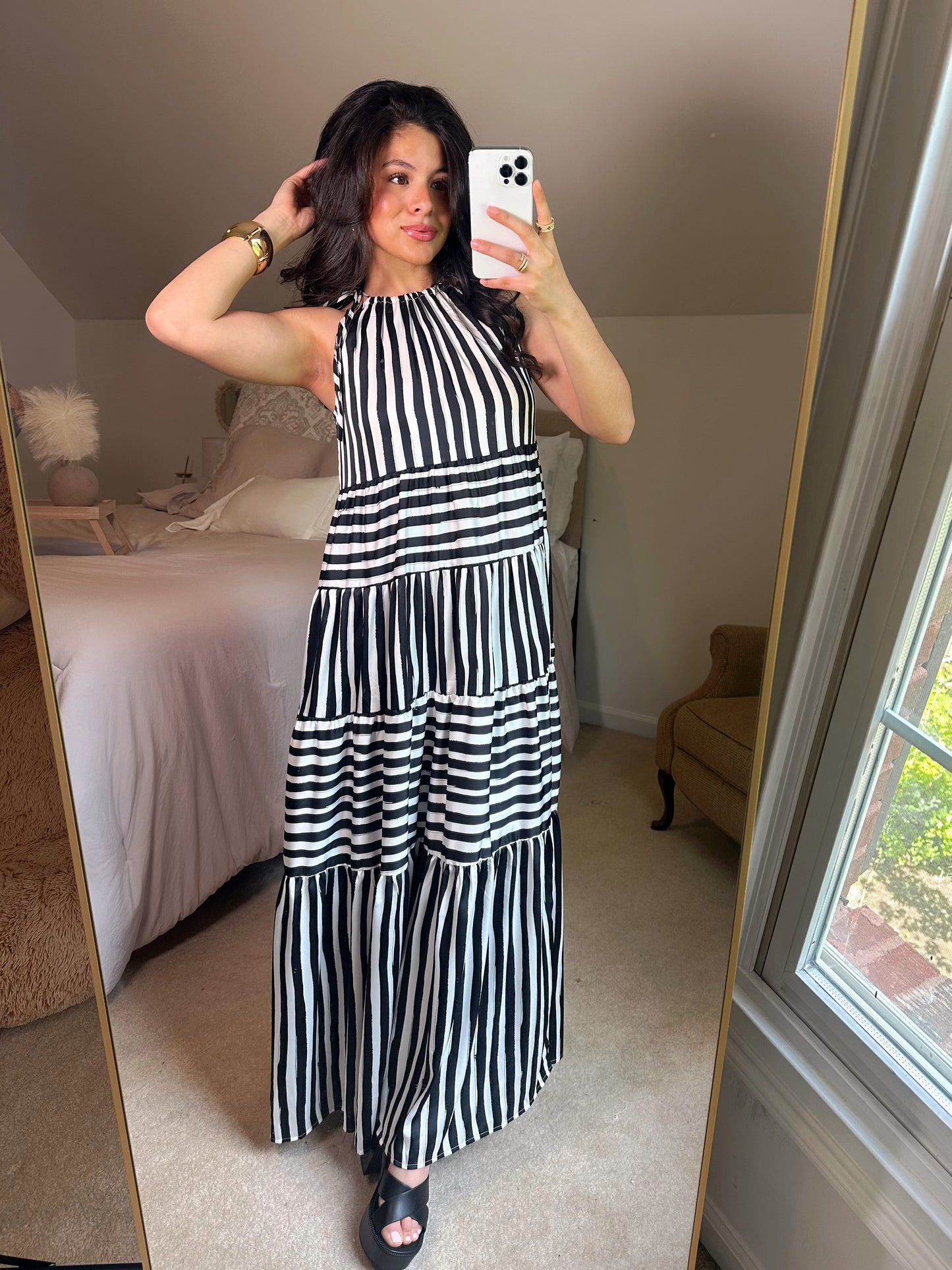 Black & White Striped Halter Maxi Dress