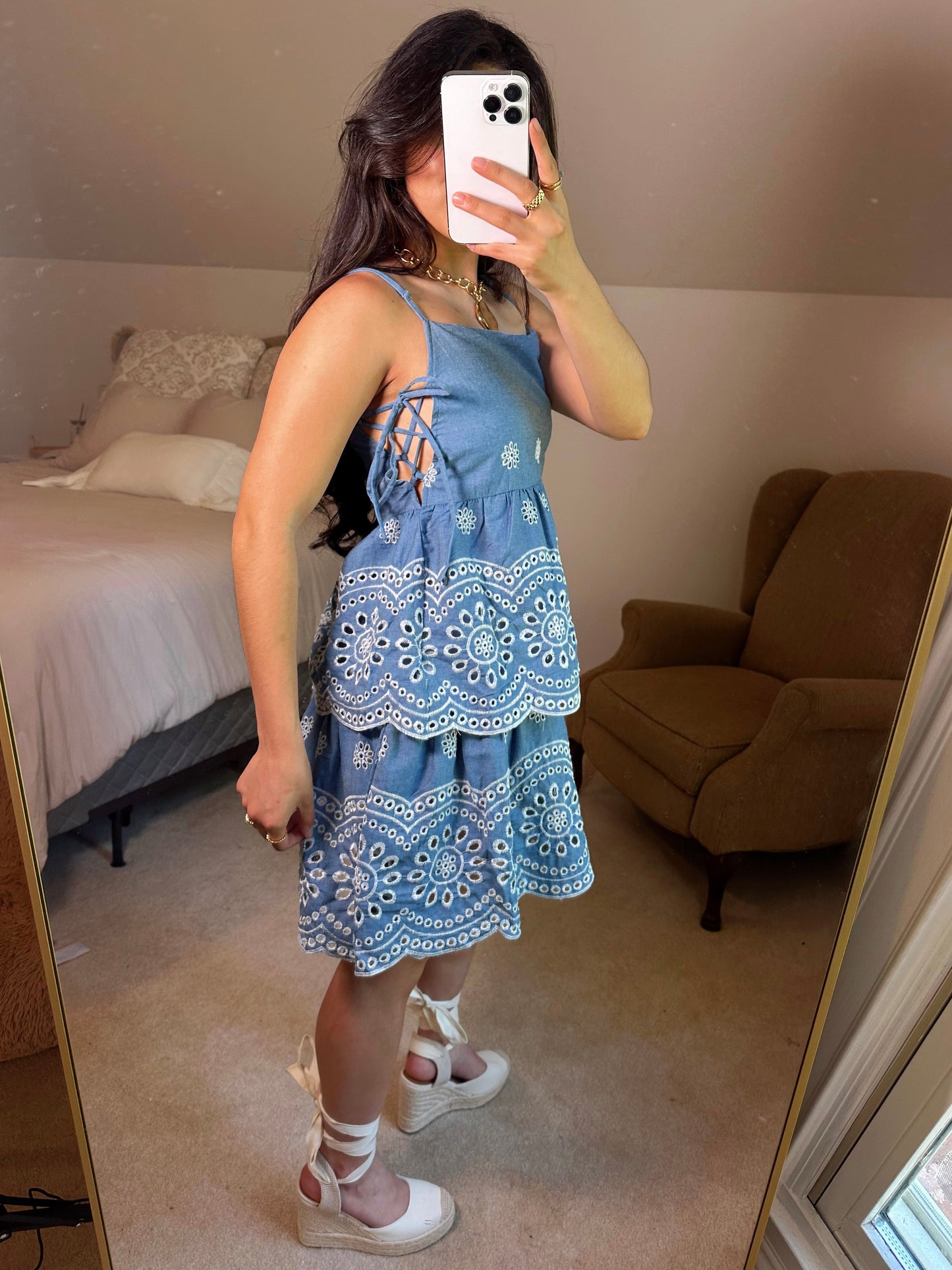 Blue Floral Embroidery Dress