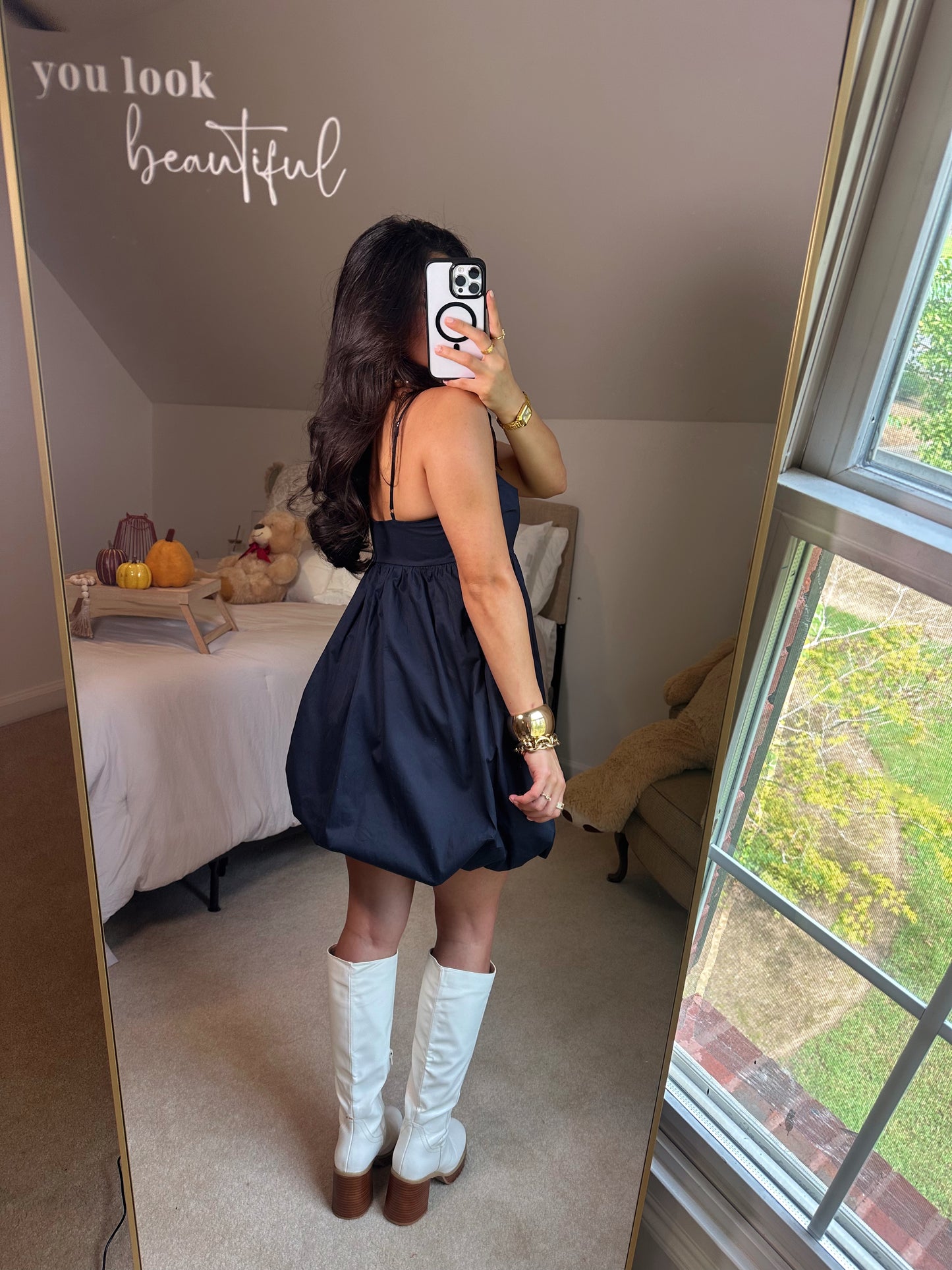 Navy Poplin Bubble Hem Dress