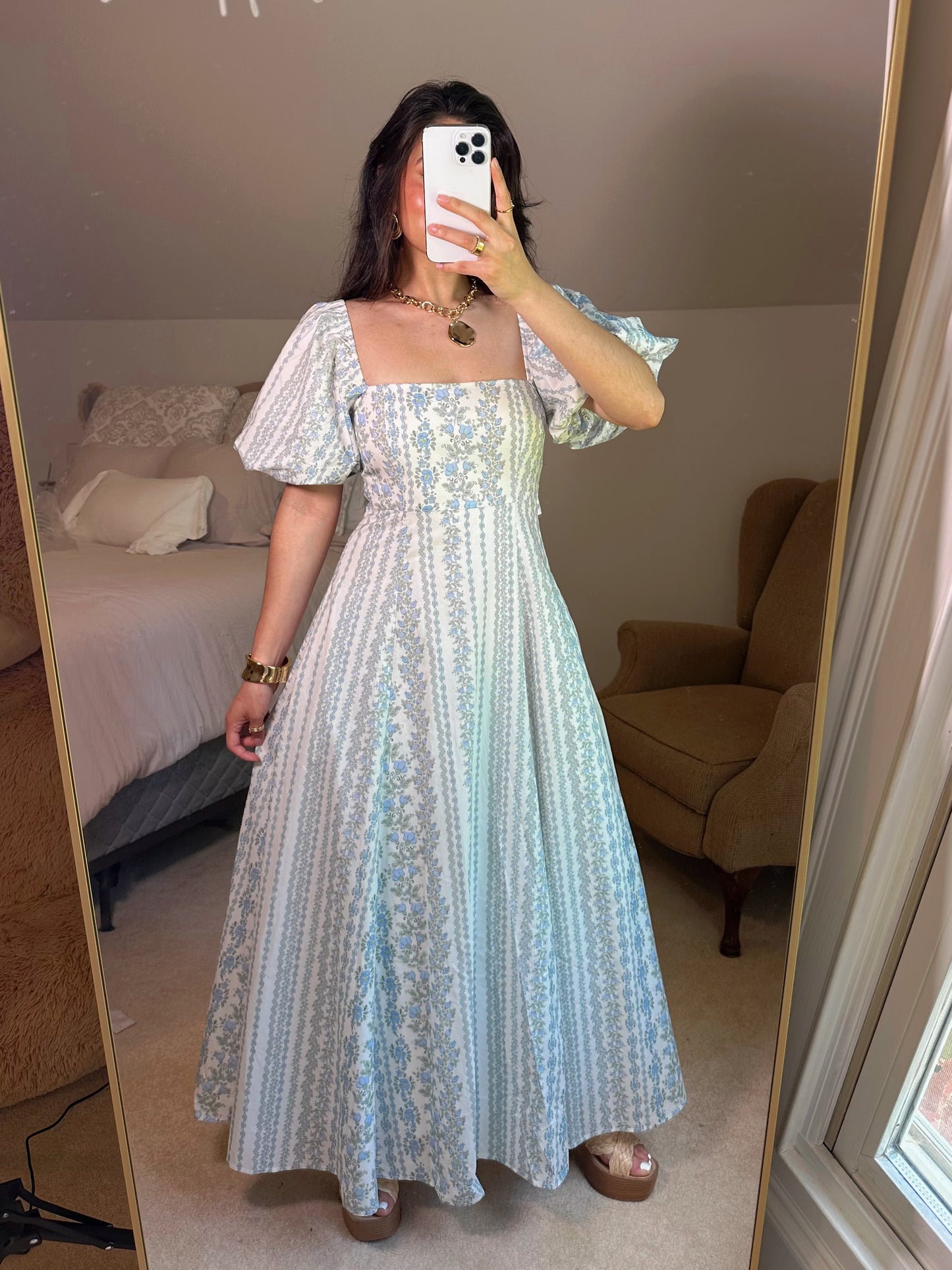 Blue Florals Puff Sleeve Maxi Dress