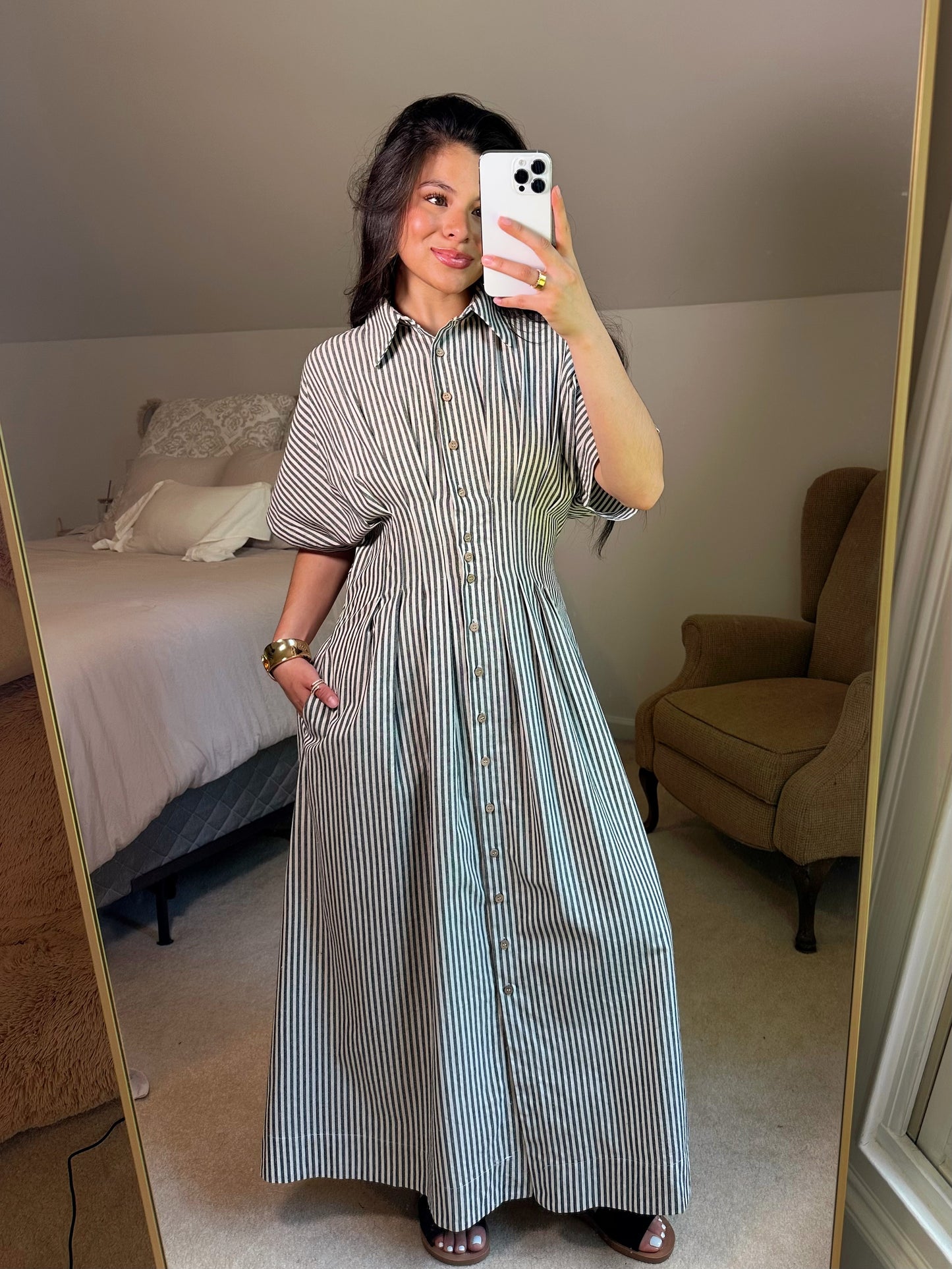 Black & White Striped Pleated Maxi Button Up Dress