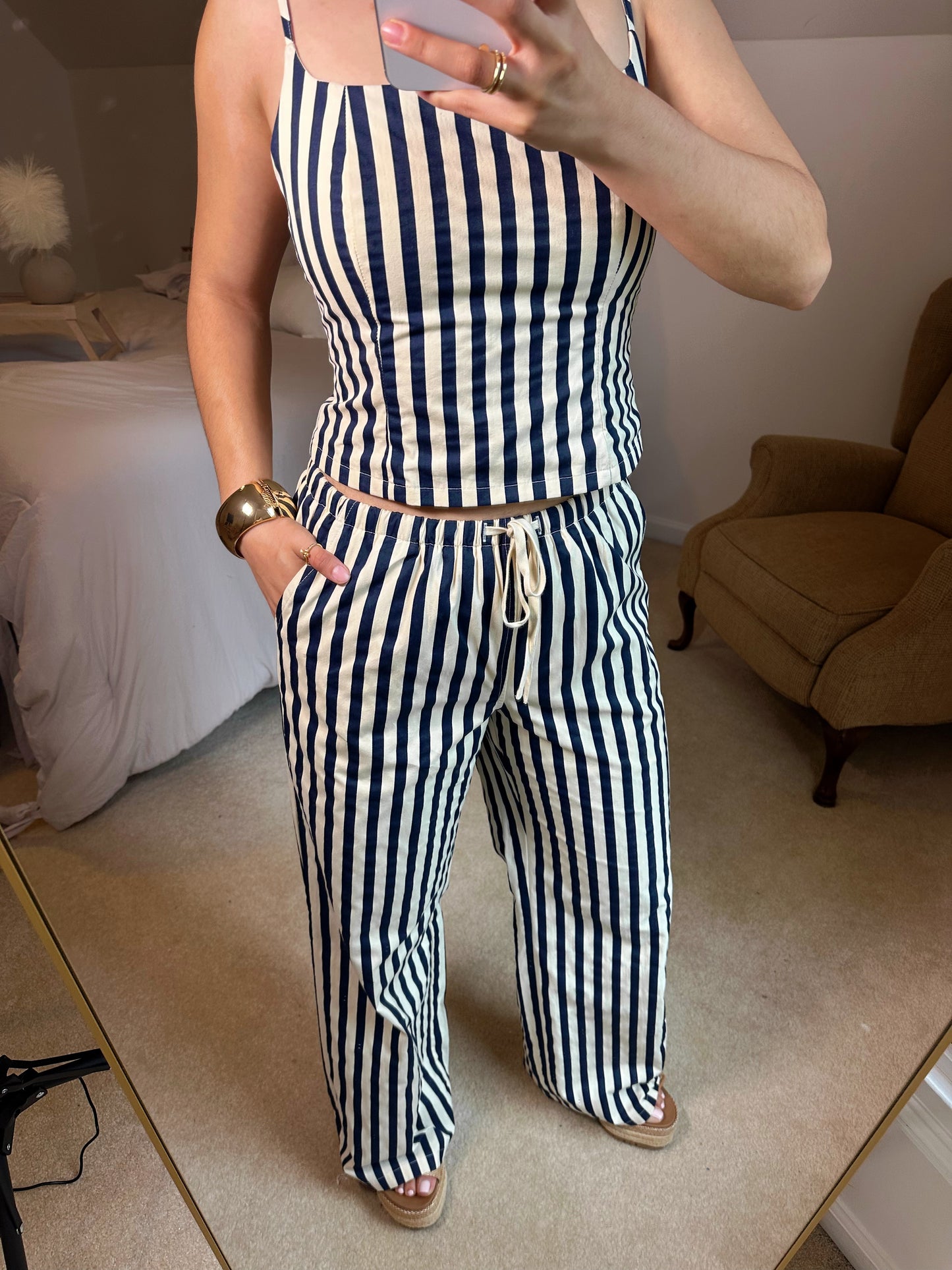 Navy & Ivory Striped Top & Pants Set