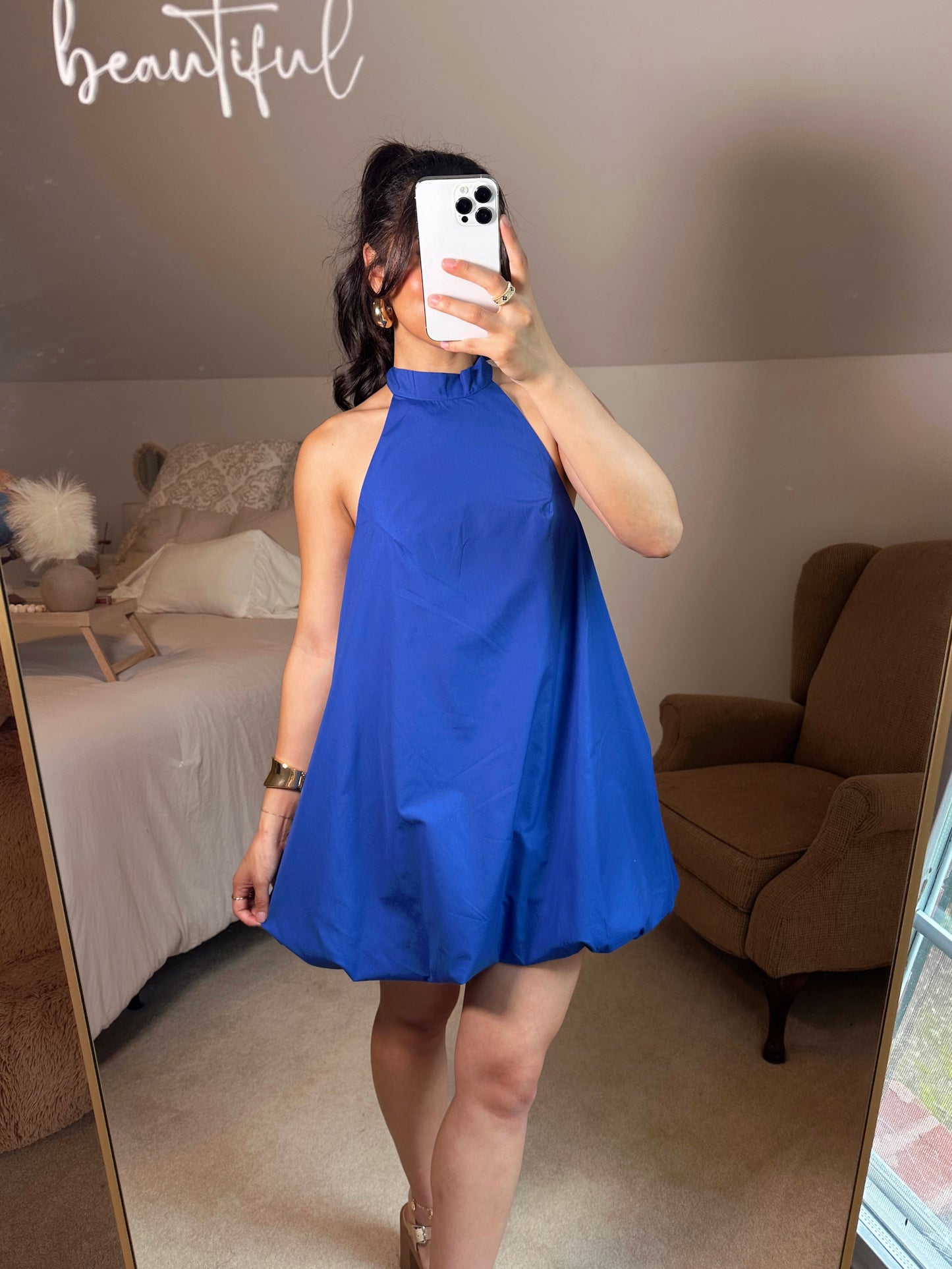 Blue Halter Neck Open Back Bubble Dress